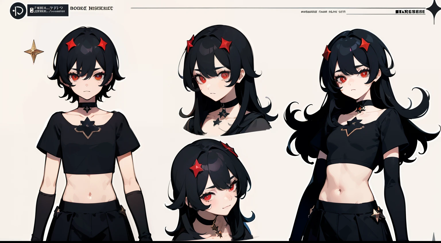 ((Masterpiece, Highest quality)), Detailed face, character sheets, full bodyesbian, Full of details, Multiple poses and expressions, Highly detailed, Depth, Many parts, 1boys,  :3, black color hair, Black crop top, mitts, Stockings, Black choker, Red eyes, Star (symbol), pupils in symbol shapes