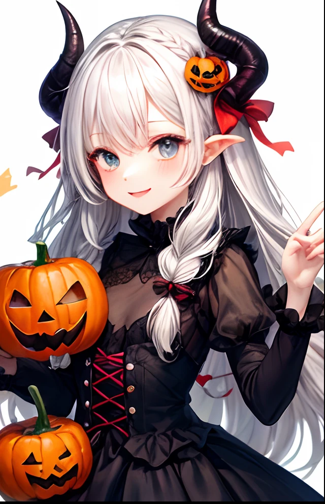 girl with、No background、without background、Background through、Diabolical、Small Devil、horns grow、Horns、white hair、The long-haired、Braiding、kawaii、Wearing a dress、pluma、Smiling、Halloween、pumpkins、candy