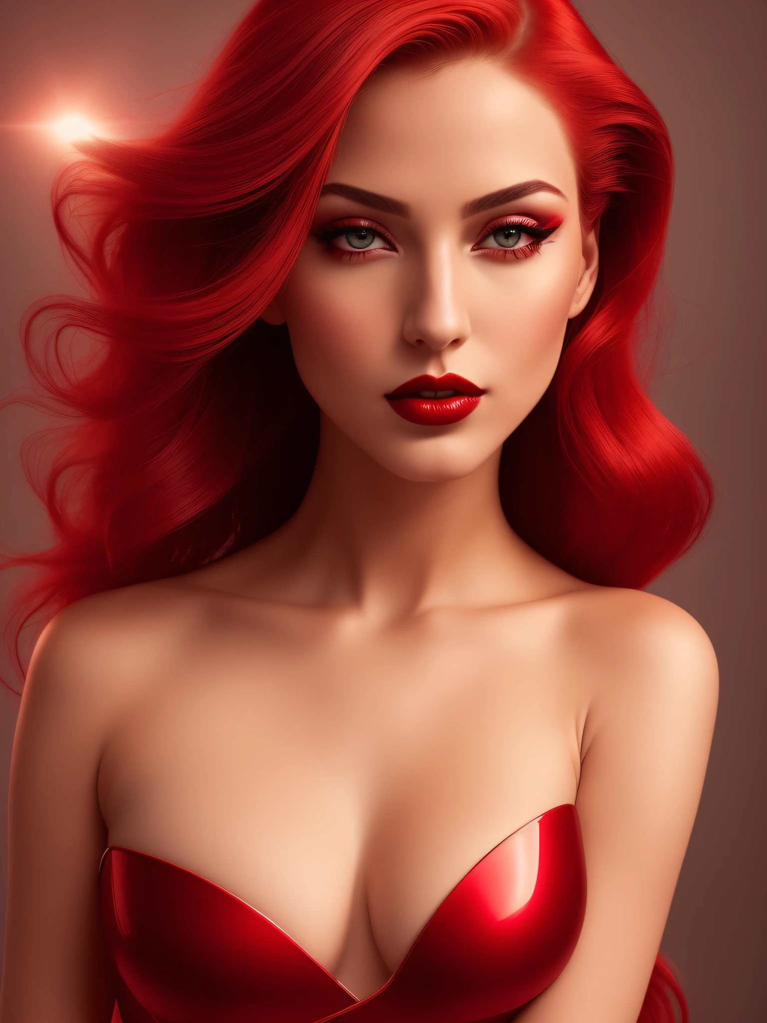 (high curves:1.2), total stunning beauty, professional lighting, intense gaze, seductive red lips, shining glossy hair, flawless skin, fierce and confident, powerful pose, surreal atmosphere, vibrant colors, cinematic mood, elegant and sensual, modern art style