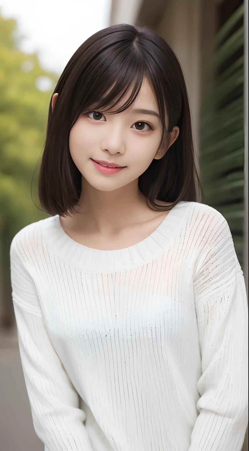 masutepiece, Best Quality, 8K, 10yaers old, Teen, Raw photo, absurderes, award winning portrait, Smile, Solo, Idol face, violaceaess, Delicate girl, Upper body, Digital SLR, Looking at Viewer, Candid, Sophisticated,Thin arms, Professional Lighting, Film grain, chromatic abberation, (Eyes and faces with detailed:1.0), (Bokeh:1.1) , (White sweater:1.1) , closes mouth ,