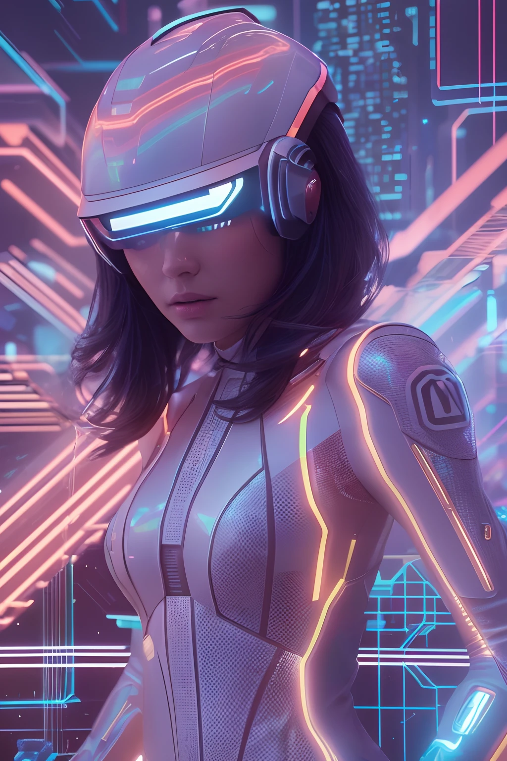 Digital Girl, Parts Hologram, (Best Quality,4K,8K,hight resolution,masutepiece:1.2),Ultra-detailed,(Realistic,Photorealistic,Photorealsitic:1.37), Vivid colors, Bokeh, 3D Rendering, interactive art, Futuristic landscape, Mobius Design Light Emitting Circuit Pattern, cyberpunk aesthetic, Bright blue neon light, Pixelated effects, glowing particles, Motion Blur, glitch effect, High-tech fashion, Holographic makeup, Reflective surfaces, Dynamic Posing, sleek, Mobius-inspired design, Immersive virtual reality environments.Movie Tron、moebius、Syd Mead、Kevin Flynn、tron(1982,movie,movie),Light Cycle、Genre Giraud、white suit、Tron Helmet、