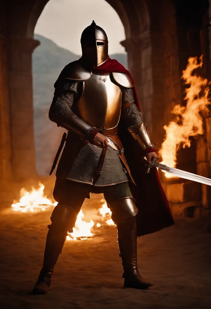 homem de corpo inteiro, barbaro, guerreiro, armadura, Cinematic Medieval Lighting, 4k, encompassing sword in one hand and generating fire in the other hand, Highly specific armor.