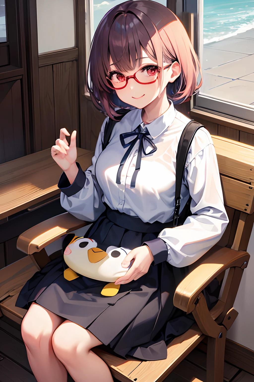 Red eyes。Cute glasses。A slight smil。