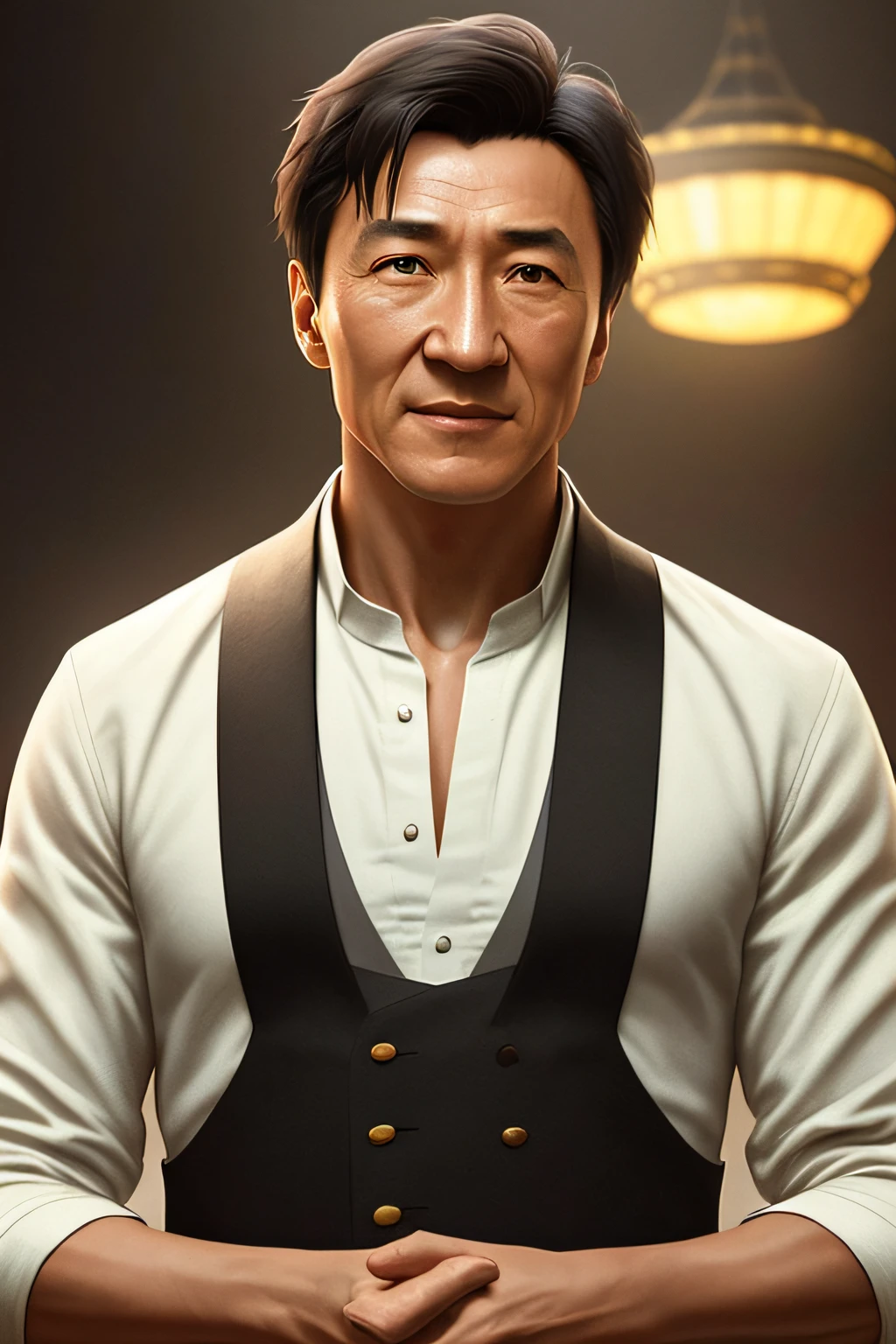 Homem de meia idade（poster for：1.6），Jackie Chan face，Hold a fist with your right hand，The right side of the body，One guy，Emoji smile，white clothe，poster for，Nostalgia，filmposter，Western film（skin textures），intricately details，finely detailled，Hyper-detailing，Ray traching，sub surface scattering，diffused soft lighting，shallowdepthoffield，author：（Oliver Waite） CGSociety trends，复杂，high detal，Sharp focus，dramatics，The art of realist painting by Greg Rutkowski