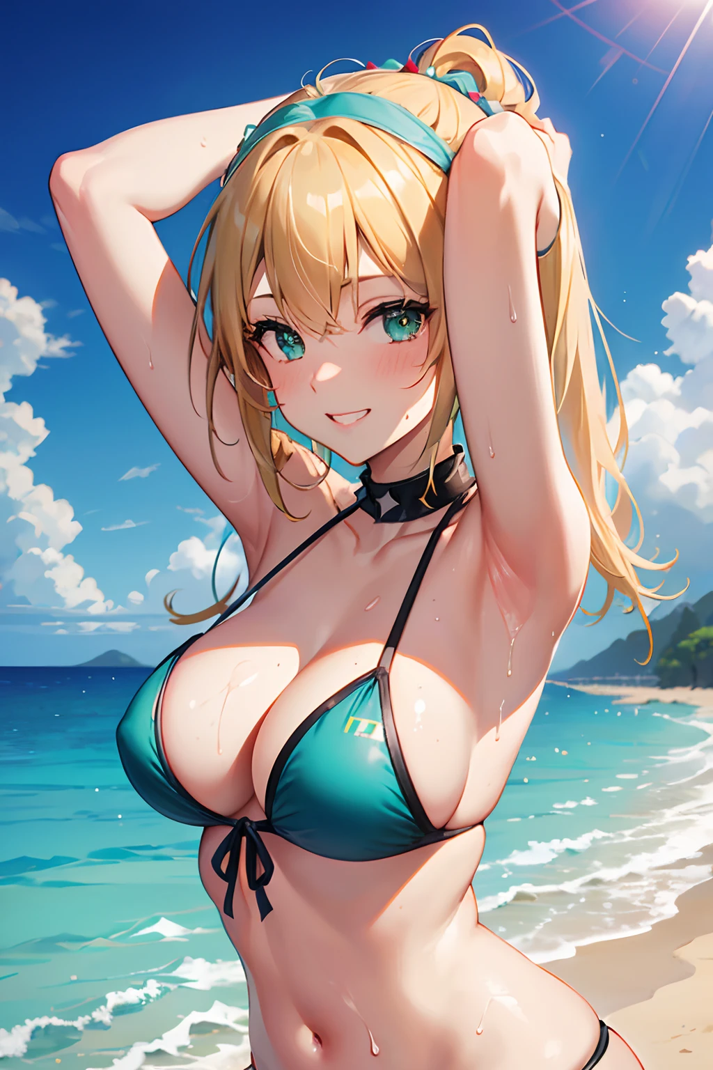 8k, highres, ultra detailed, (masterpiece:1.4), 1girl , aqua bikini , armpits , arms up , beach , blonde hair , blurry background , blush , choker , cleavage , diffraction spikes , green eyes , grin , hair between eyes , hair tie in mouth , hairband , halterneck , lens flare , long hair , medium breasts , mouth hold , outdoors , sidelocks , smile , solo , sunlight , swimsuit , teeth hold , tying hair , upper body , wet , wet hair