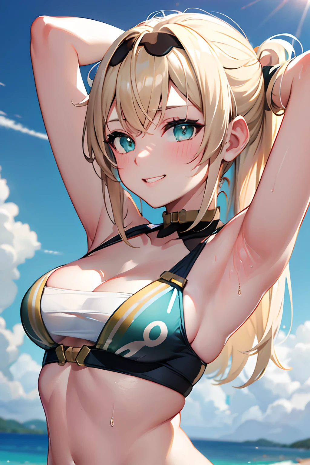 8k, highres, ultra detailed, (masterpiece:1.4), 1girl , aqua bikini , armpits , arms up , beach , blonde hair , blurry background , blush , choker , cleavage , diffraction spikes , green eyes , grin , hair between eyes , hair tie in mouth , hairband , halterneck , lens flare , long hair , medium breasts , mouth hold , outdoors , sidelocks , smile , solo , sunlight , swimsuit , teeth hold , tying hair , upper body , wet , wet hair, kazama iroha (hololive)