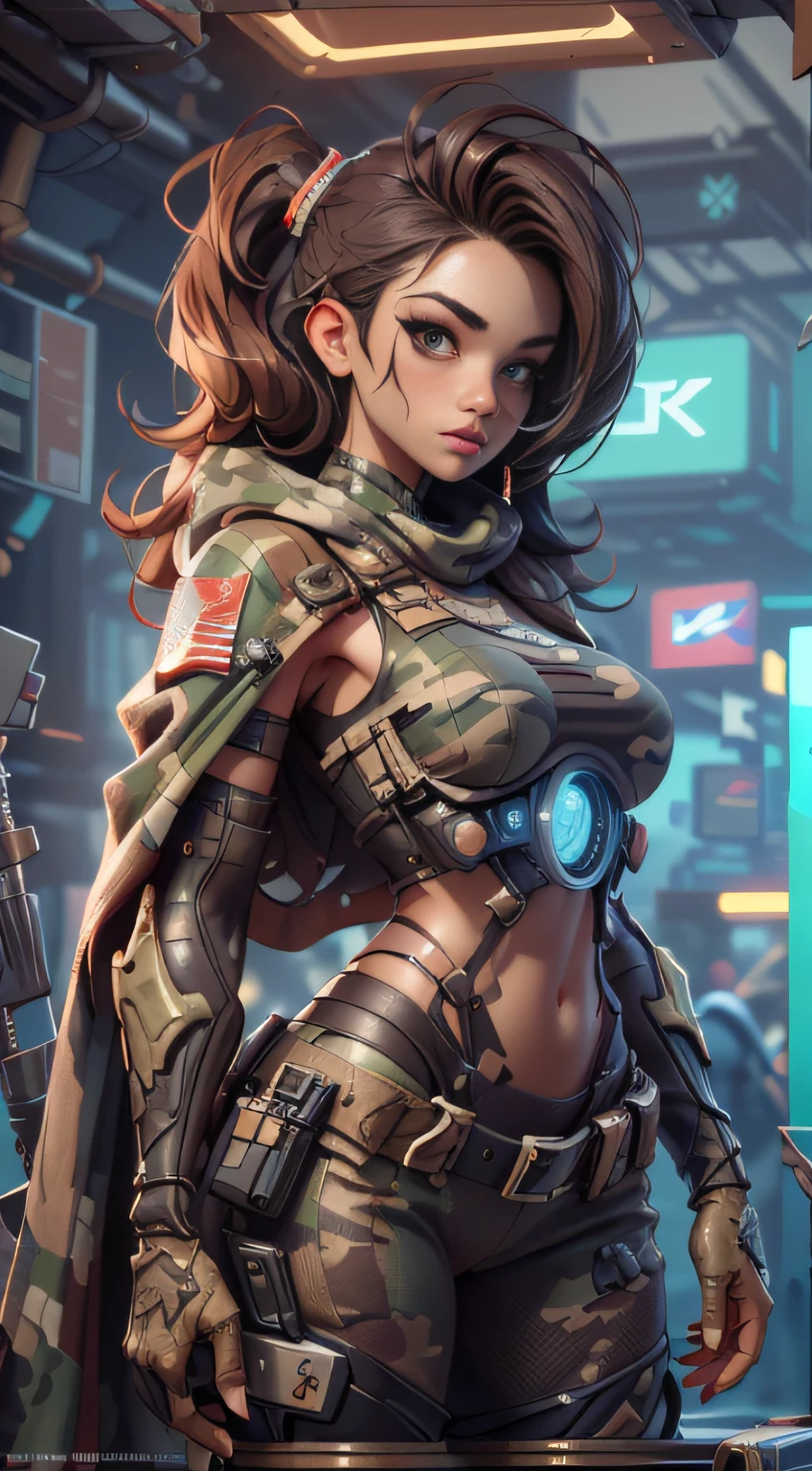 ((Best quality)), ((masterpiece)), (highly detailed:1.3), 3D, beautiful (cyberpunk:1.2) special forces, robort,female with thick voluminous hair wearing (wearing camouflage_uniform:1.1), body armour,cape,digital (camouflage:1.3),HDR (High Dynamic Range),Ray Tracing,NVIDIA RTX,Super-Resolution,Unreal 5,Subsurface scattering,PBR Texturing,Post-processing,Anisotropic Filtering,Depth-of-field,Maximum clarity and sharpness,Multi-layered textures,Albedo and Specular maps,Surface shading,Accurate simulation of light-material interaction,Perfect proportions,Octane Render,Two-tone lighting,Wide aperture,Low ISO,White balance,Rule of thirds,8K RAW,Efficient Sub-Pixel,sub-pixel convolution