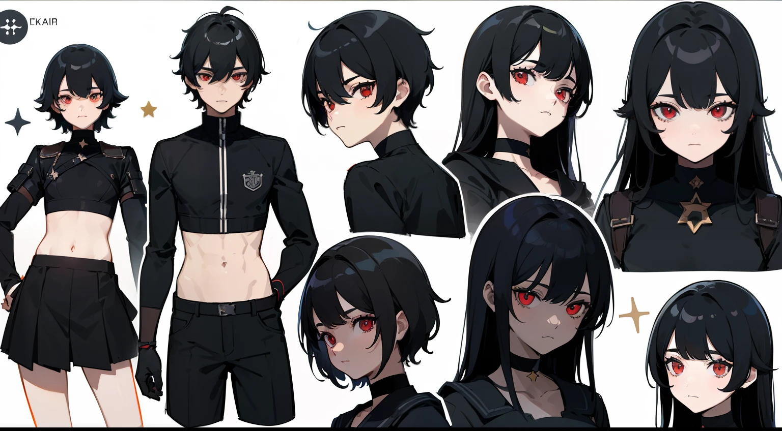 ((Masterpiece, Highest quality)), Detailed face, character sheets, full bodyesbian, Full of details, Multiple poses and expressions, Highly detailed, Depth, Many parts, 1boys, :3, black color hair, Black crop top, mitts, Stockings, Black choker, Red eyes, Star (symbol), pupils in symbol shapes