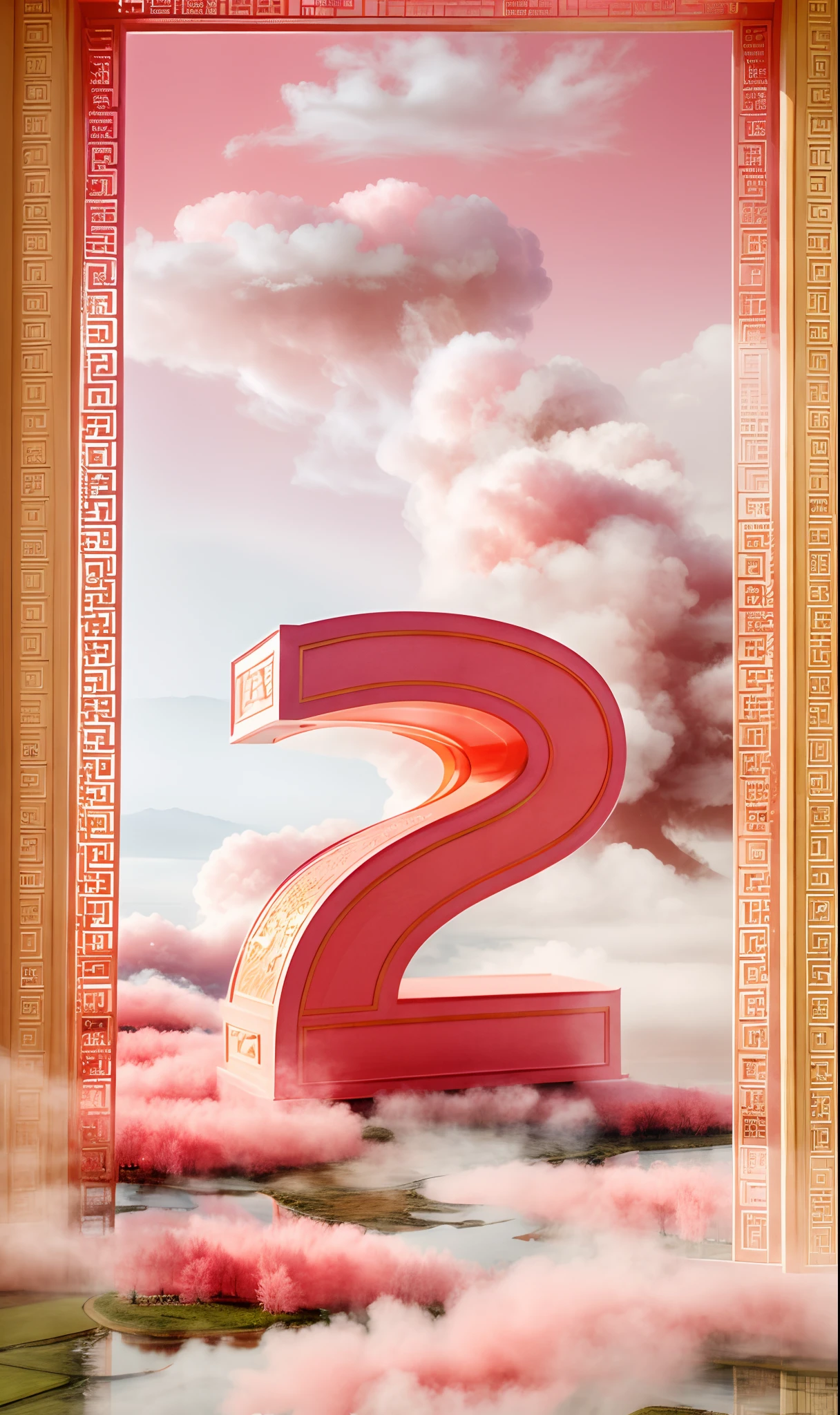 Masterpiece, Best quality, Chinese pattern engraving,Center composition, Pink Chinese architecture, C4D, Pink tree, Bright, Ultra HD, Bright colors, Cloud,water，Smoke, 16k, Wallpaper phone，Uniform tone