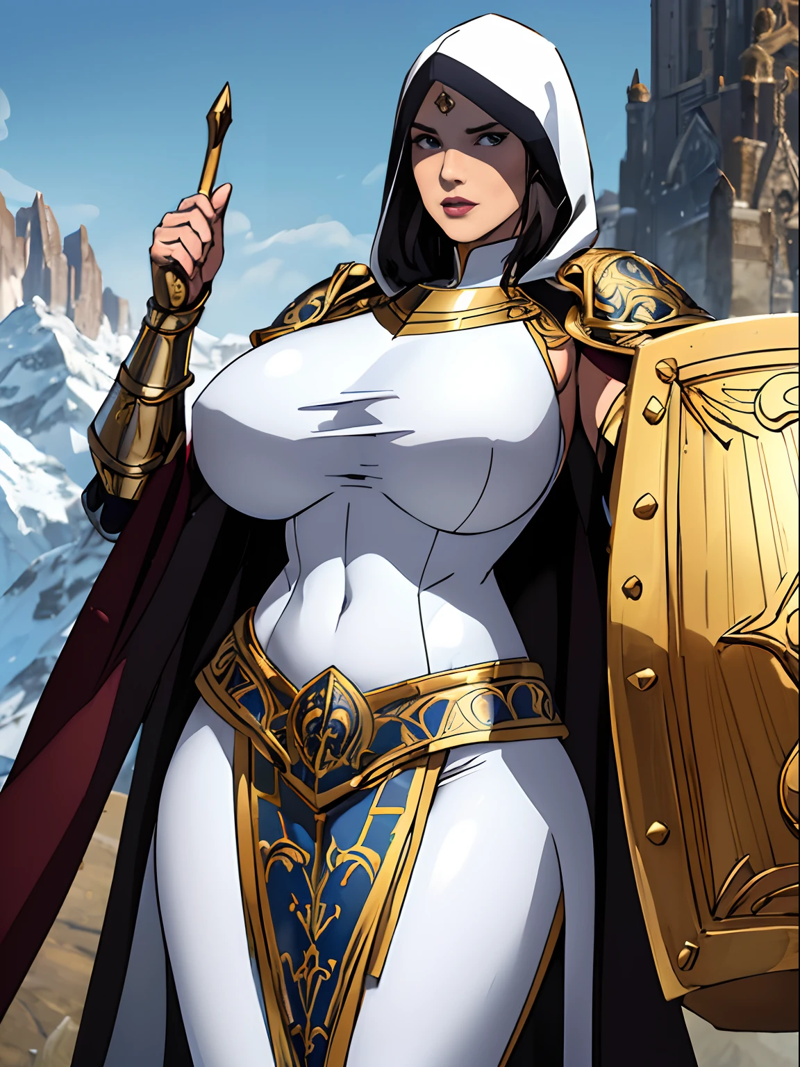 (masterpiece, top quality, best quality, official art, beautiful and aesthetic:1.2), (1girl:1.3), light freckles, fair skin, extremely detailed, portrait, looking at viewer, solo, (full body:0.6), detailed background, close up, (warm grasslands theme:1.1), holy paladin knight, charlatan, smirk, mysterious, swaying in mountains, modest attire, ((((ornate white and gold metal plate armor)))), cowl, nun hood, wimple, boob armor, cowl, robe, chain mail, black leggings, chain mail leggings, chain mail leggings, breastplate, tabbard, hood, pauldrons, greaves, armored, long boots, longsword, shield, cape, cloak, pearlescent metal, white fabric, pale leather, ((((gigantic breasts)))), slim waist, slim hips, long legs, medieval (mountain exterior:1.1) background, dark mysterious lighting, shadows, magical atmosphere, dutch angle,