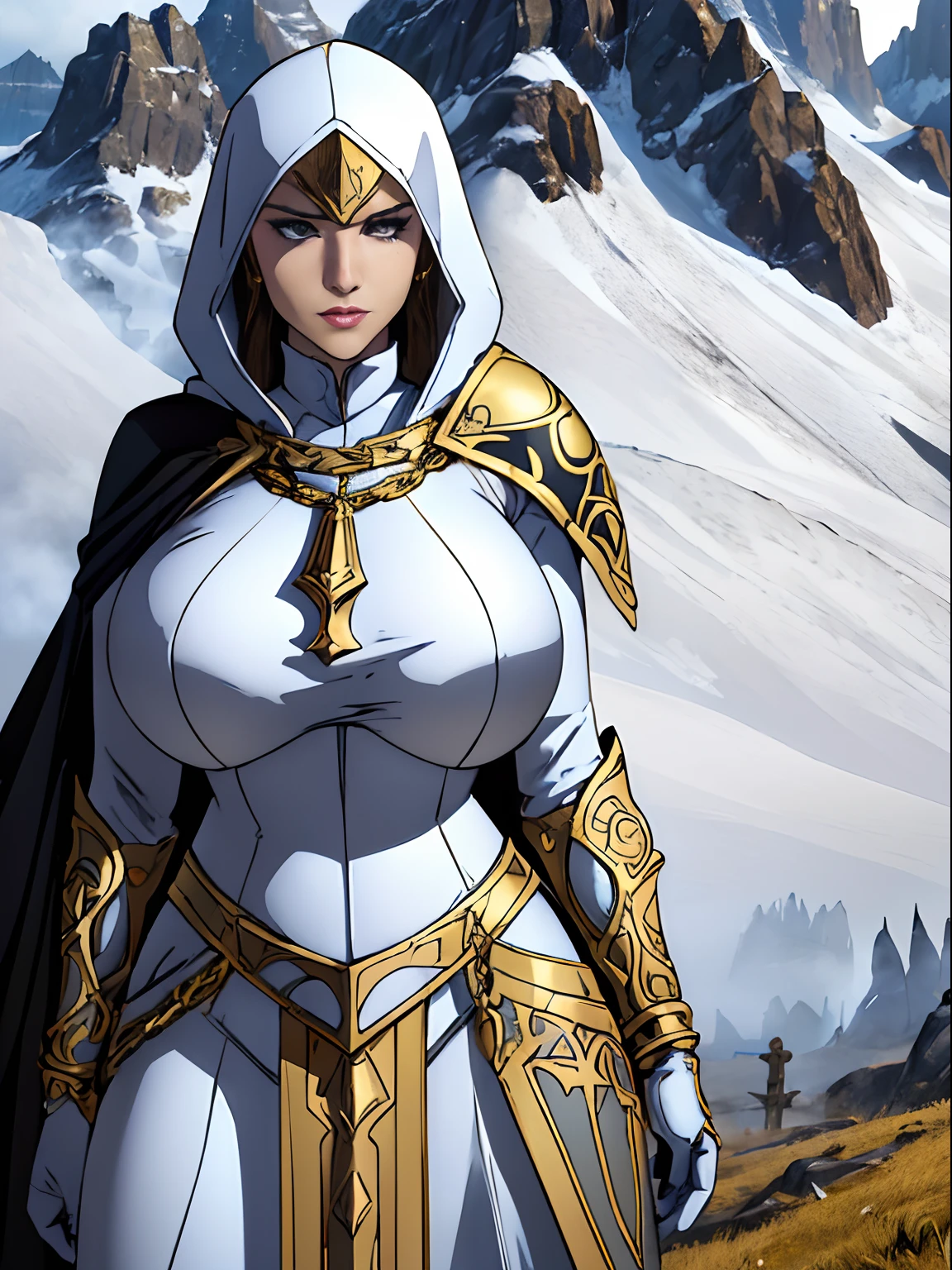(masterpiece, top quality, best quality, official art, beautiful and aesthetic:1.2), (1girl:1.3), light freckles, fair skin, extremely detailed, portrait, looking at viewer, solo, (full body:0.6), detailed background, close up, (warm grasslands theme:1.1), holy paladin knight, charlatan, smirk, mysterious, swaying in mountains, modest attire, ((ornate white and gold armor)), cowl, nun hood, wimple, boob armor, cowl, robe, chain mail, chainmail, leggings, chainmail leggings, chain mail leggings, breastplate, tabard, gorget, hood, pauldrons, greaves, armored, long boots, longsword, shield, cape, cloak, white fabric, pale leather, ((((gigantic breasts)))), slim waist, slim hips, long legs, medieval (mountain exterior:1.1) background, dark mysterious lighting, shadows, magical atmosphere, dutch angle,
