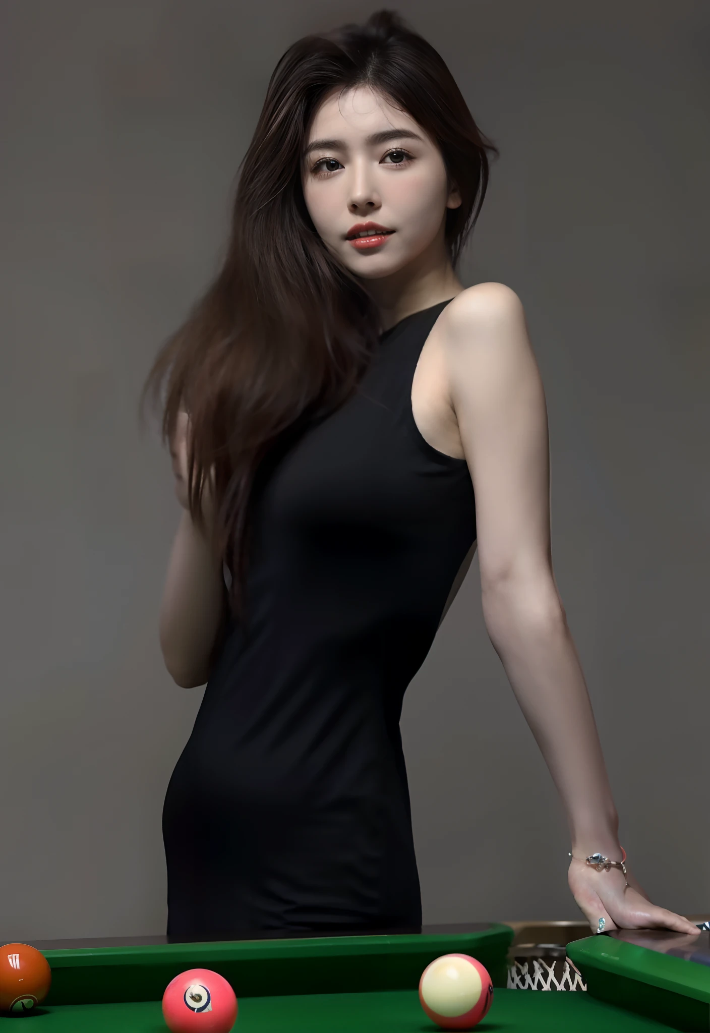 Arad woman in black dress standing next to the pool table, Gorgeous young Korean woman, beautiful Korean women, photo of slim girl model, korean women's fashion model, Beautiful young Korean woman, Korean girl, Korean woman, she wears a black dress, wearing a tight black dress, 2 4 year old female model, Tight dress, female actress from korea,Delicate makeup,attractive smile,sparkle eyes