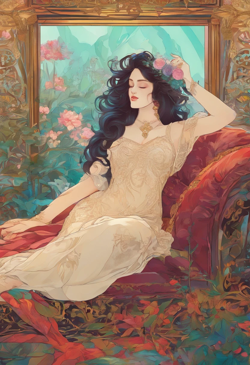 very pretty girl, long black hair with braids, black embroidered nightgown with transparency, small breasts, dim candlelight, sitting sexy on a sofa full of cushions in the dark. (art inspired by Bill Sienkiewicz). oil painting)
