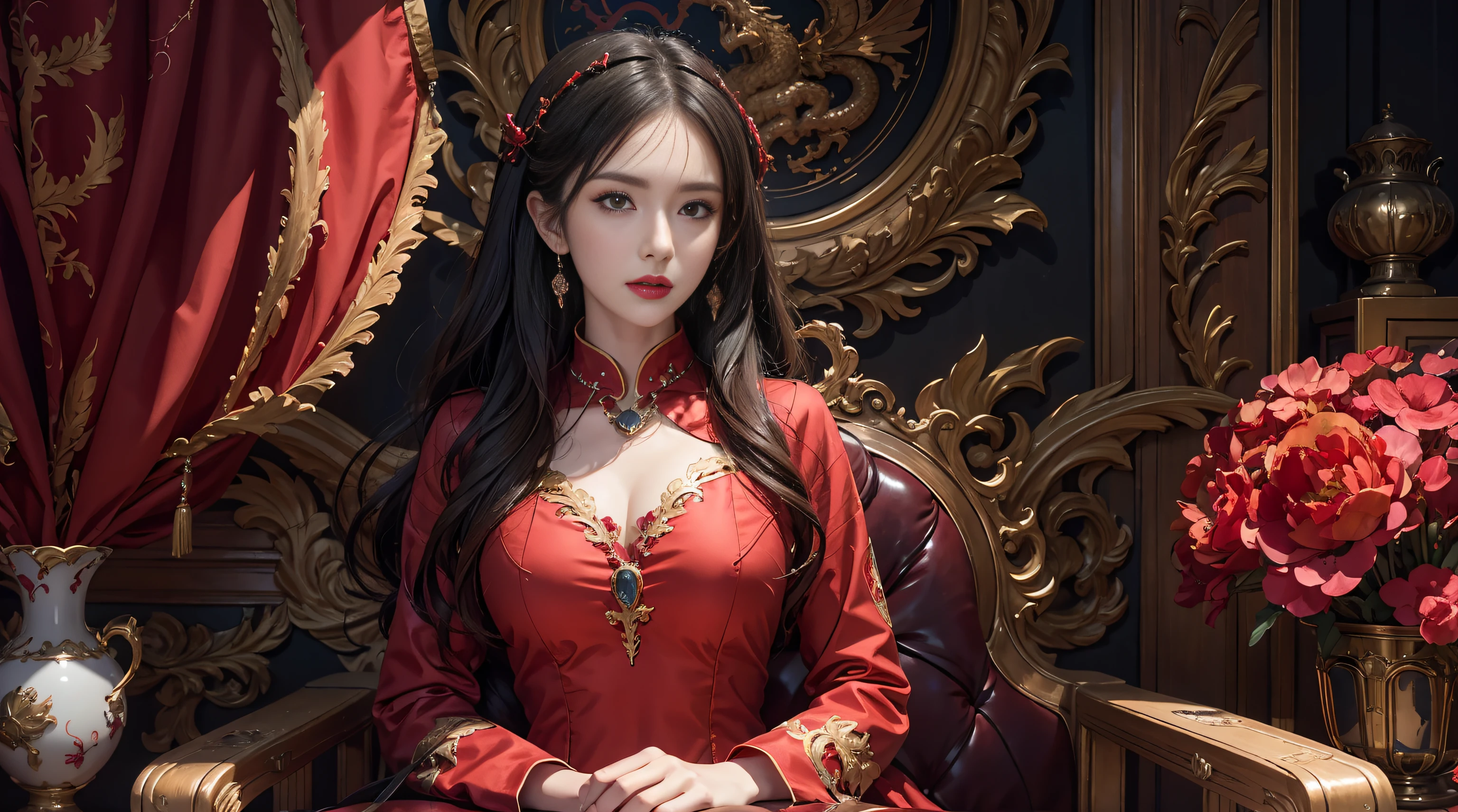 A woman in a red coat sitting on a chair with a dragon, popular on ArtStation Pixiv, detailed anime artwork, detailed digital anime art, complex gorgeous anime CGI style, guvez on pixiv art station, guvez on pixiv, anime fantasy illustration, detailed anime art, clean detailed anime art, detailed key anime art, red lip micro-open,