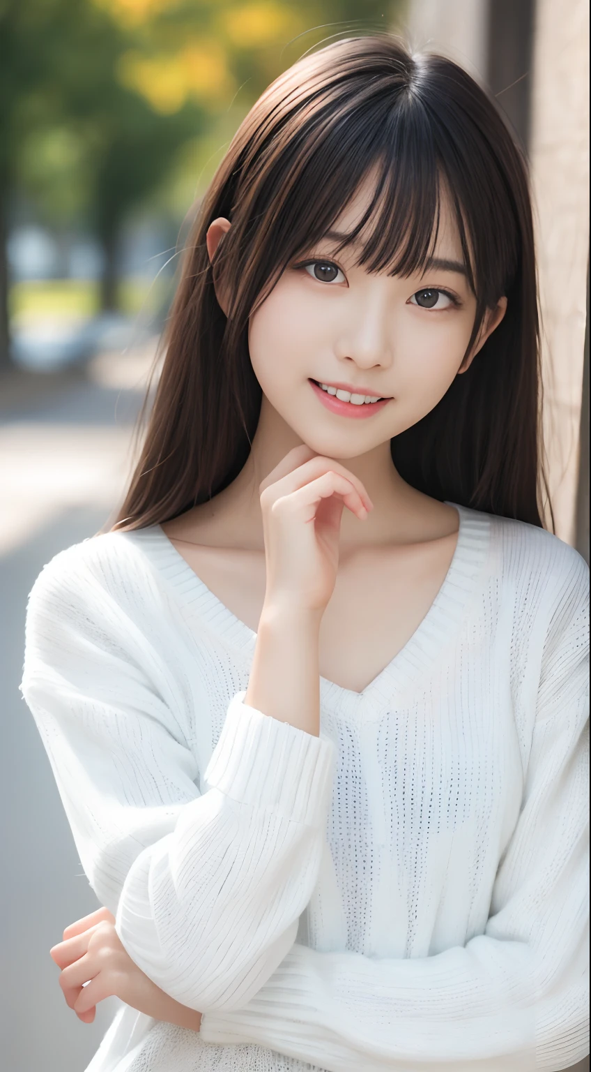 masutepiece, Best Quality, 8K, ers old, Teen, Raw photo, absurderes, award winning portrait, Smile, Solo, Idol face, violaceaess, Delicate girl, Upper body, Digital SLR, Looking at Viewer, Candid, Sophisticated,Thin arms, Professional Lighting, Film grain, chromatic abberation, (Eyes and faces with detailed:1.0), (Bokeh:1.1) , (White sweater:1.1) , closes mouth ,