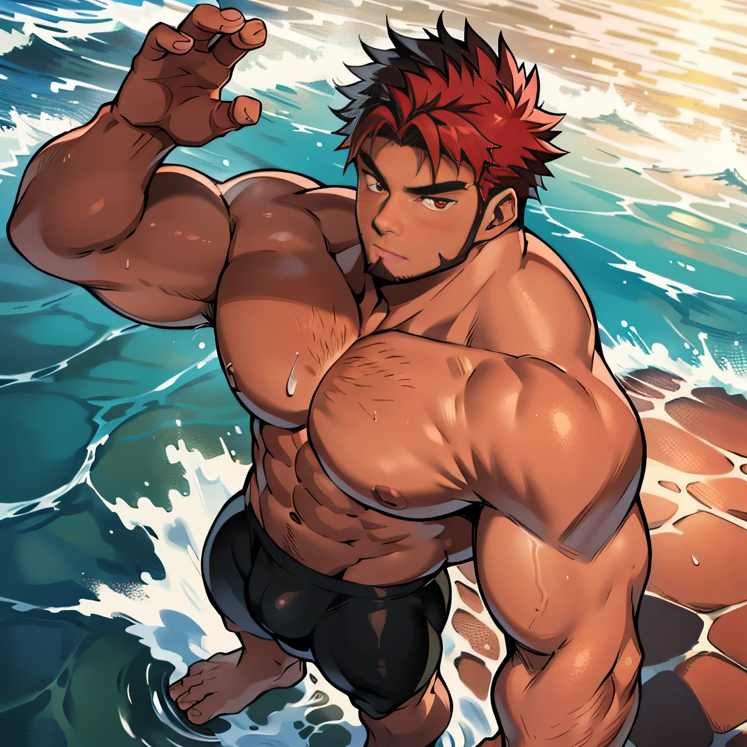 Anime style art, anime style drawing, front image, full body, muscular male character, protagonist, ((Anime style art)), Extremely muscular male character, bodybuilder body, HUGE SHOULDERS, HUGE PECTORALS, HUGE ABS, Shirtless, Topless, (((SHIRTLESS))) handsome, red facial hair, short red beard, red eyes, red hair, red eyebrows, smirk, tan, large pectorals, red long sideburns, looking at viewer, ((Detailed face, defined face, well-formed facial features)) hands raised at neck level, (((Hands raised at neck level))), massive pectorals, mature male, (35 years old) muscular, muscular male, wears a small string thong that reveals huge, muscular thighs, bulge in the crotch, Beach, sun, clouds, main character of the anime, Nice image, Hard drive, 4k. Full body image, frontal image.