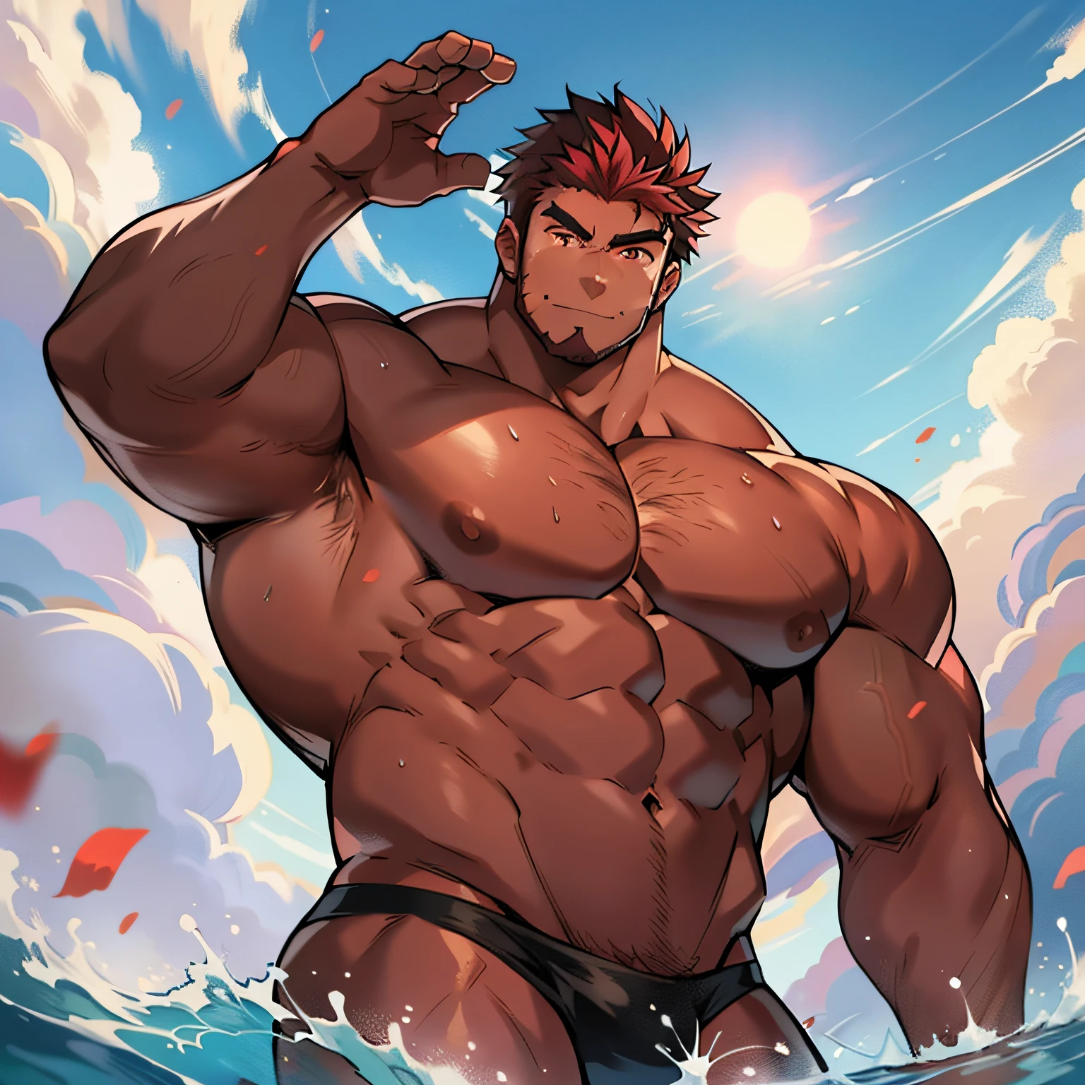 Anime style art, anime style drawing, front image, full body, muscular male character, protagonist, ((Anime style art)), Extremely muscular male character, bodybuilder body, HUGE SHOULDERS, HUGE PECTORALS, HUGE ABS, Shirtless, Topless, (((SHIRTLESS))) handsome, red facial hair, short red beard, red eyes, red hair, red eyebrows, smirk, tan, large pectorals, red long sideburns, looking at viewer, ((Detailed face, defined face, well-formed facial features)) hands raised at neck level, (((Hands raised at neck level))), massive pectorals, mature male, (35 years old) muscular, muscular male, wears a small string thong that reveals huge, muscular thighs, bulge in the crotch, Beach, sun, clouds, main character of the anime, Nice image, Hard drive, 4k. Full body image, frontal image.