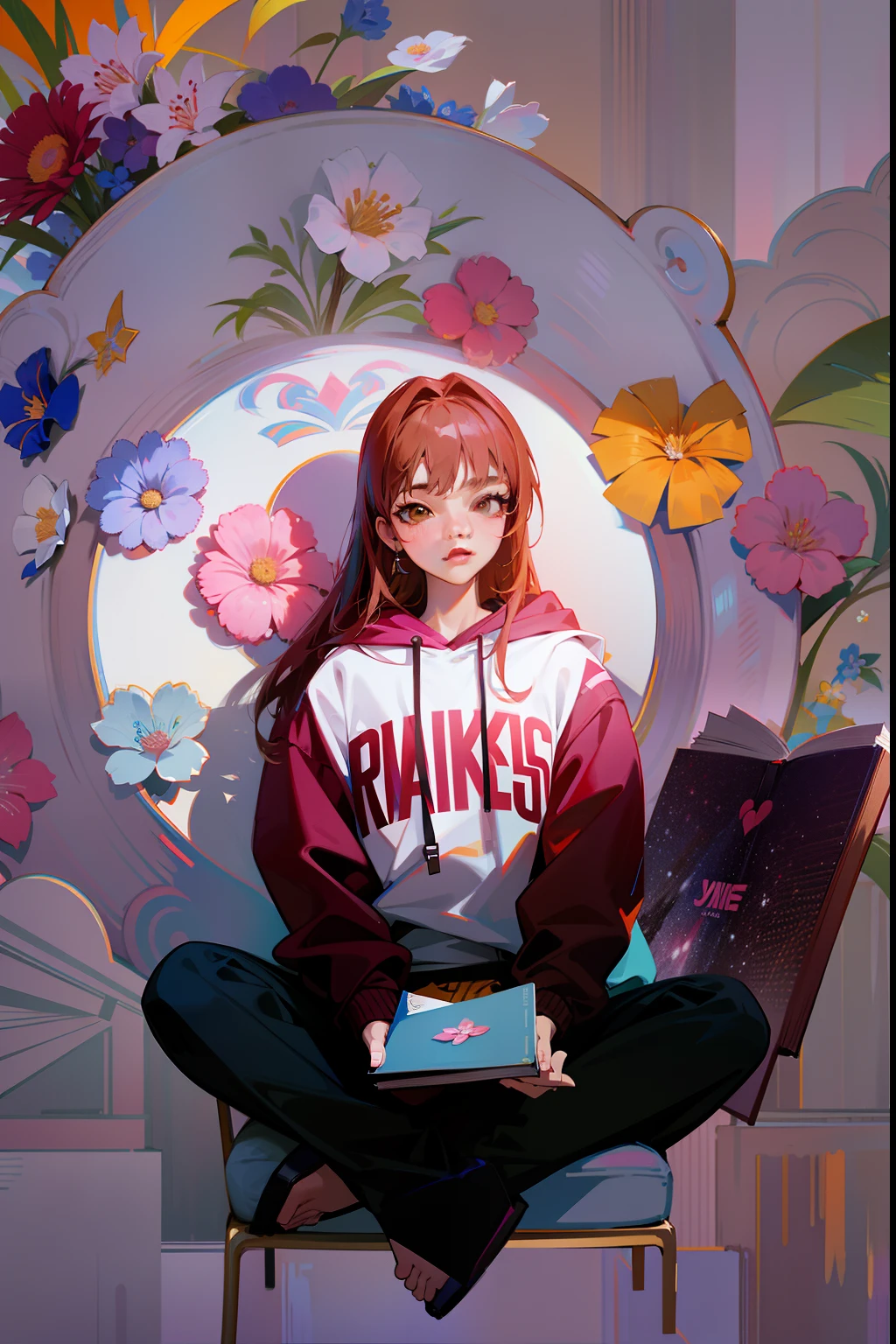 there is a woman sitting on a chair with a book in her lap, portrait of jossi of blackpink, promo shot, promo art, wearing a hoodie and flowers, promo still, taejune kim, profile image, spring day, sun yunjoo, sakimichan, jinyoung shin, roseanne park of blackpink, profile pic, fanart, kim doyoung, profile picture