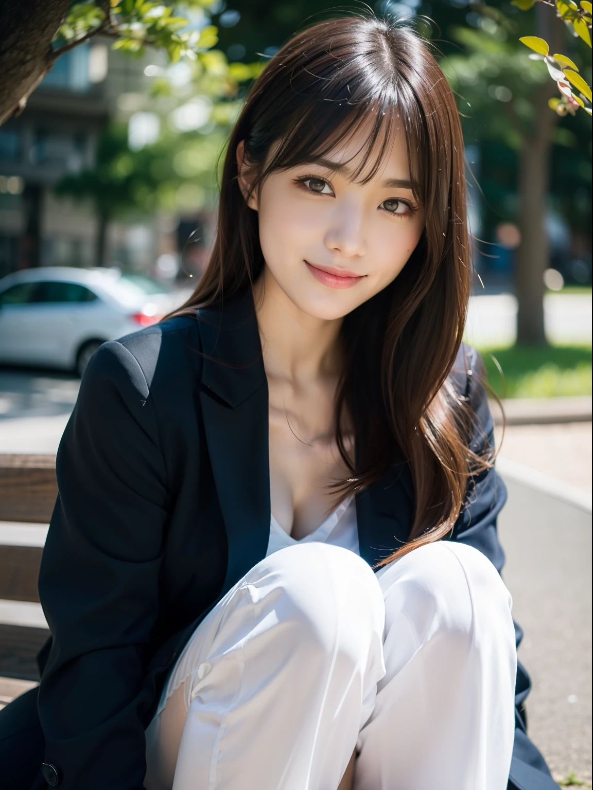 Beautiful black eyes、dual、natural skin textures:1.8, realistic eyes and face details:1.8、middlebreasts、in 8K,Best Quality:1.4, 超A high resolution:1.5, (Photorealistic:1.4),masterpiece:1.2,(top-quality:1.4)、 Raw photo、 (the background is blurred), 1日本人の女の子, Cute, (Full body:1.4)、realistic shadow、beauty legs:1.2、tight skirts、(Solo:1.4), (Shy smile), Smooth skin、 (Brown medium hair,Bangs),nogizaka,Beautiful body, Navy Business Suit, Secretary, on the park、During the break、super model、Black pantyhose、gravure,sit on a bench