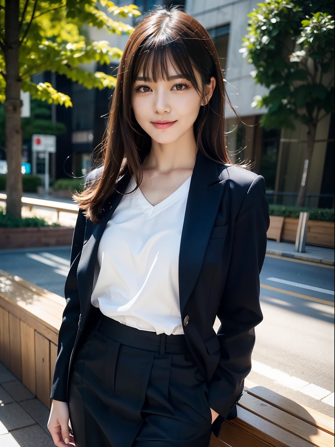 Beautiful black eyes、dual、natural skin textures:1.8, realistic eyes and face details:1.8、middlebreasts、in 8K,Best Quality:1.4, 超A high resolution:1.5, (Photorealistic:1.4),masterpiece:1.2,(top-quality:1.4)、 Raw photo、 (the background is blurred), 1日本人の女の子, Cute, (Full body:1.4)、realistic shadow、beauty legs:1.2、tight skirts、(Solo:1.4), (Shy smile), Smooth skin、 (Brown medium hair,Bangs),nogizaka,Beautiful body, Navy Business Suit, Secretary, on the park、During the break、super model、Black pantyhose、gravure,sit on a bench
