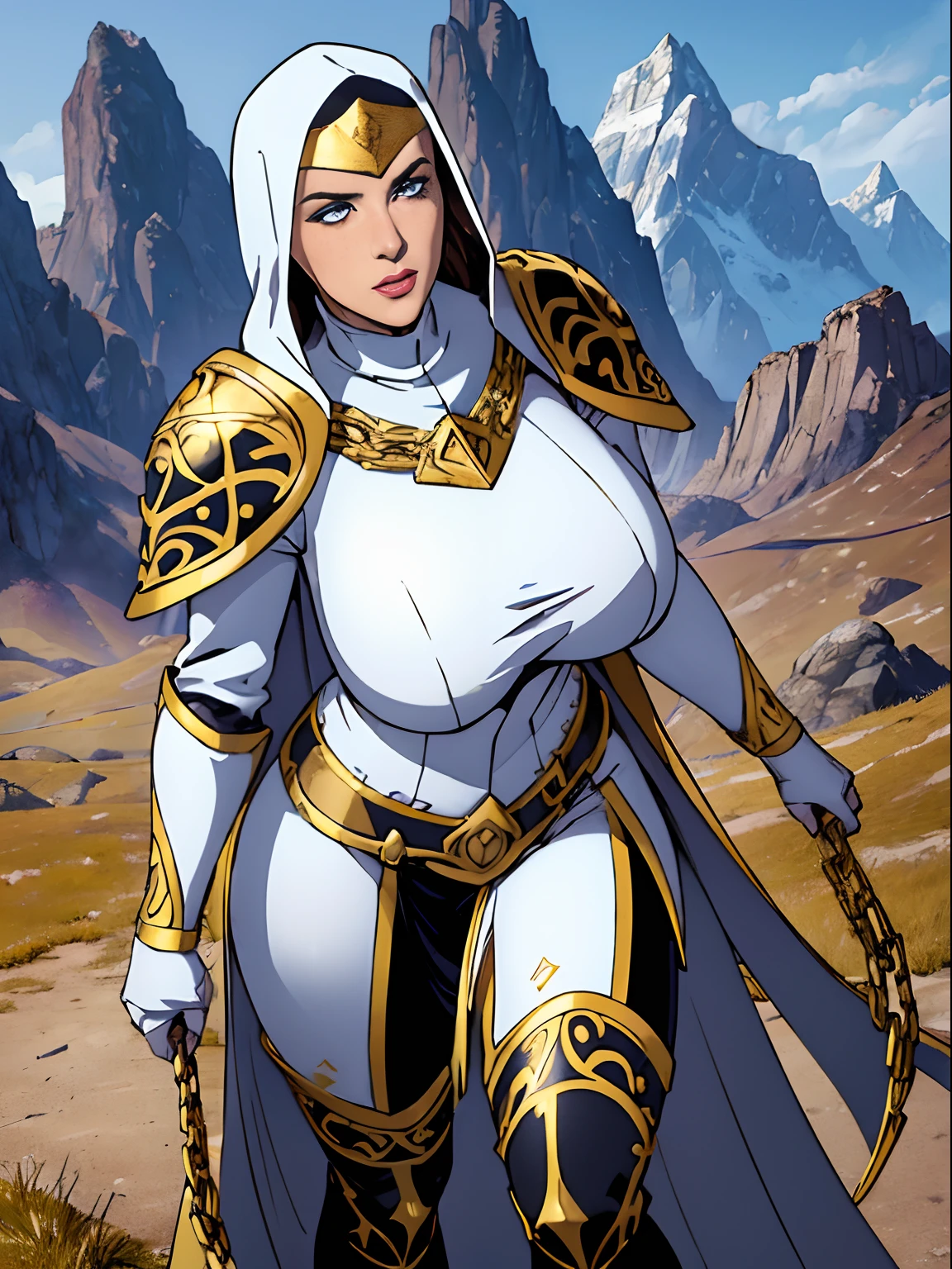 (masterpiece, top quality, best quality, official art, beautiful and aesthetic:1.2), (1girl:1.3), light freckles, fair skin, extremely detailed, portrait, looking at viewer, solo, (full body:0.6), detailed background, close up, (warm grasslands theme:1.1), holy paladin knight, charlatan, smirk, mysterious, swaying in mountains, modest attire, ((((ornate white and gold armor)))), cowl, nun hood, wimple, boob armor, cowl, robe, chain mail, black chain mail, leggings, chain mail leggings, chain mail leggings, breastplate, tabbard, gorget, hood, pauldrons, greaves, armored, long boots, longsword, shield, cape, cloak, pearly metal, white fabric, pale leather, ((((gigantic breasts)))), slim waist, slim hips, long legs, medieval (mountain exterior:1.1) background, dark mysterious lighting, shadows, magical atmosphere, dutch angle,