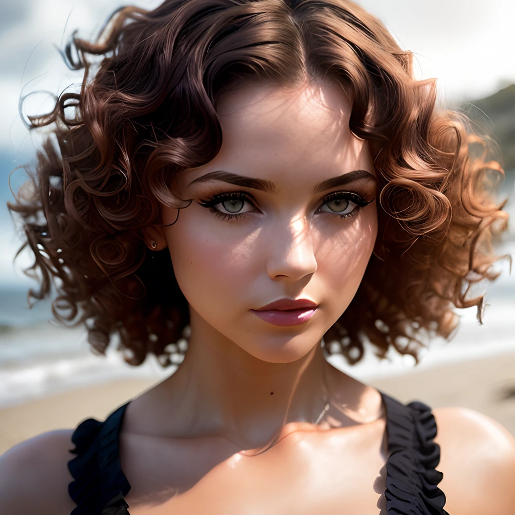 (sharp focus:1.2), photo, attractive young woman, (beautiful face:1.1), detailed eyes, luscious lips, (cat eye makeup:0.85), (large eyes:1.0), (toned body:1.2), (curly hair:1.2), wearing (romper:1.2) on a (beach:1.2). (moody lighting:1.2), depth of field, bokeh, 4K, HDR. by (James C. Christensen:1.2|Jeremy Lipking:1.1).