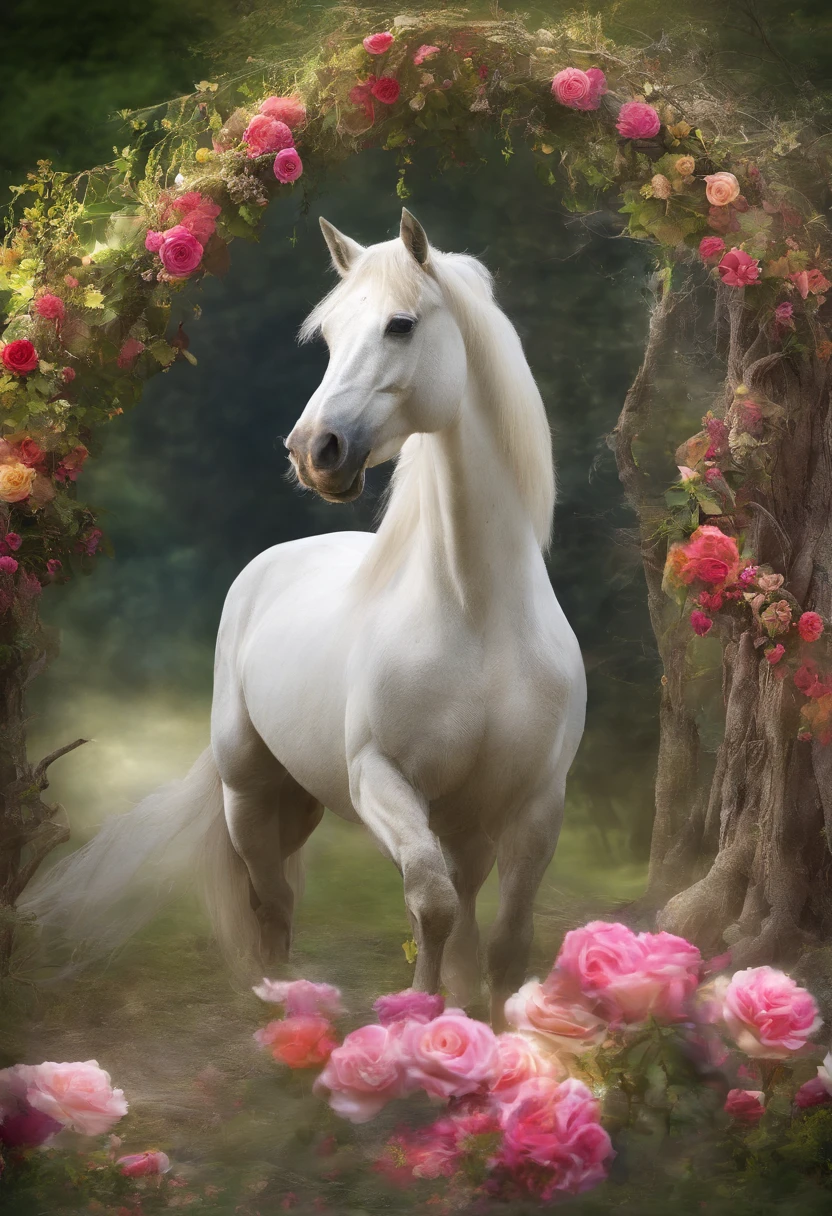 "Describe in detail an enchanting scene where a majestic horse, with its mane adorned by a profusion of roses and colorful flowers, surrounds the animal, ancient and rustic tree trunks, while intertwined roots emerge from the ground, creating a magical and mysterious aura. Describe the colors of the flowers, the horse's expression, and the overall atmosphere of this unique and captivating scene."
