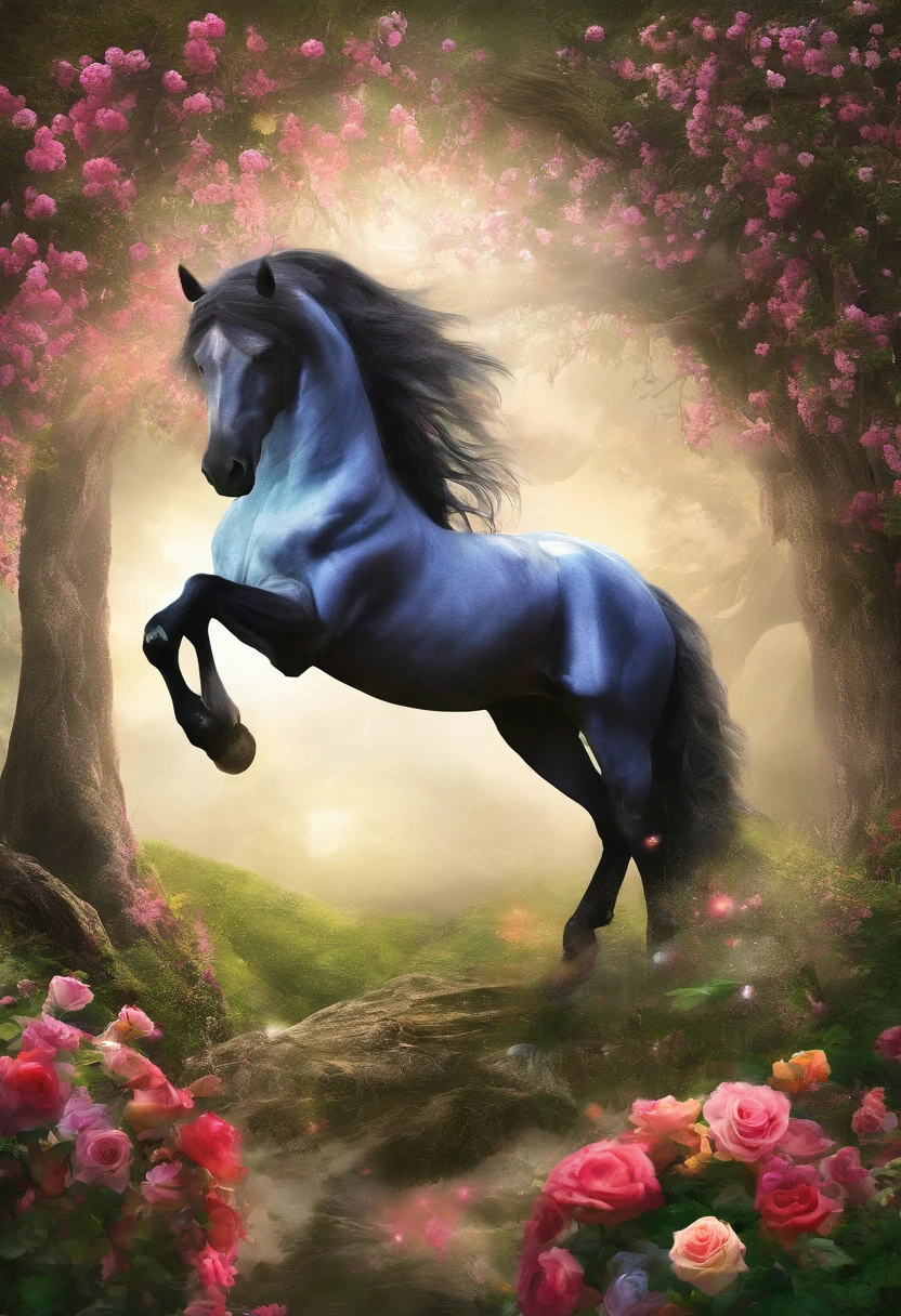 "Describe in detail an enchanting scene where a majestic horse, with its mane adorned by a profusion of roses and colorful flowers, surrounds the animal, ancient and rustic tree trunks, while intertwined roots emerge from the ground, creating a magical and mysterious aura. Describe the colors of the flowers, the horse's expression, and the overall atmosphere of this unique and captivating scene."