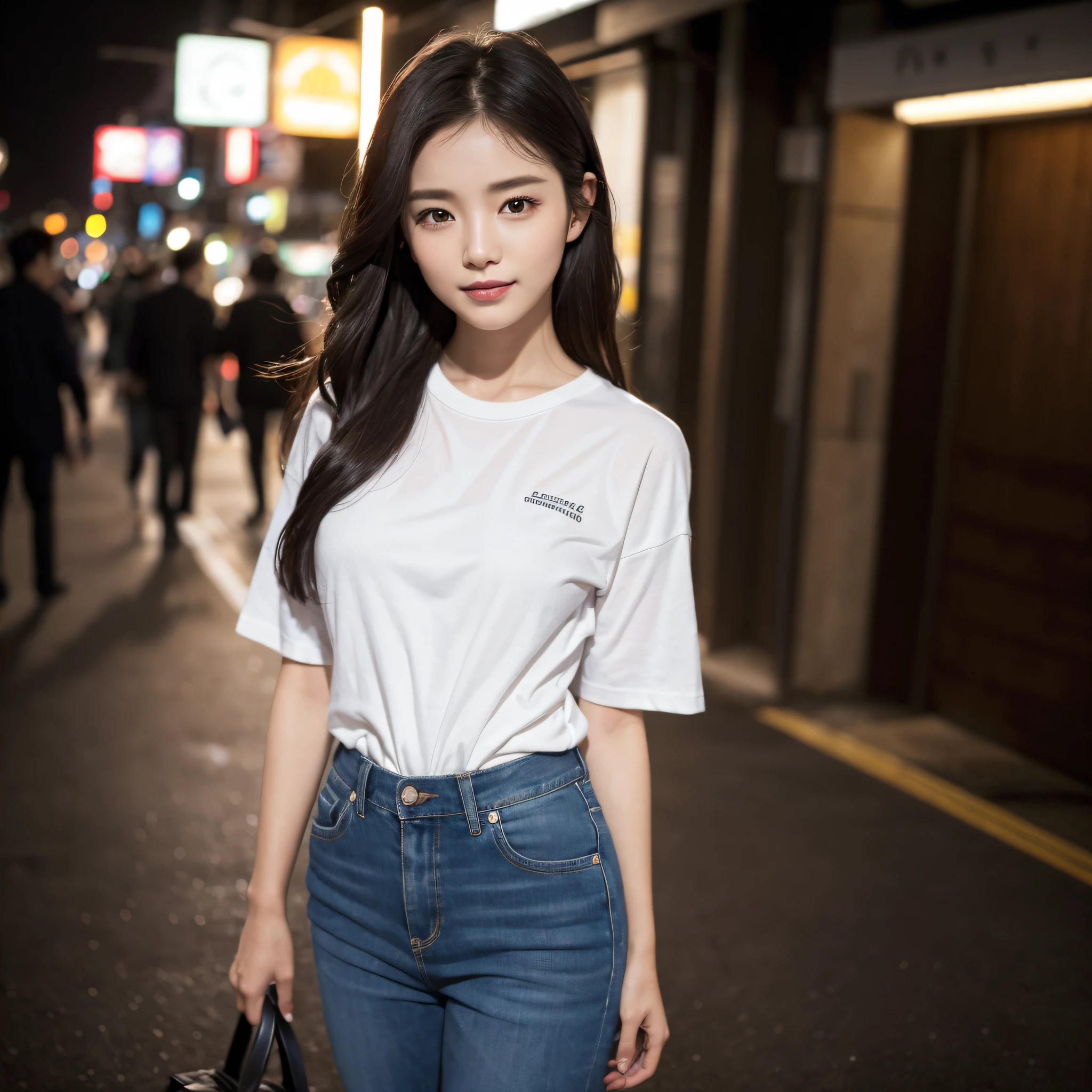 One lady、((best qualtiy、8k masterpieces:1.3))、foco nítido:1.2、(ultra beautiful faces:1.0)、(shinny skin:1.0)、photos realistic、A dark-haired、Video Lighting、High-definition eyes and face、Video Lighting、(Korean Cute Actress)、from the front side、medium breasts、Smile、Slender Abs Beauty、Whole body、wearing t-shirts、in tokyo at night