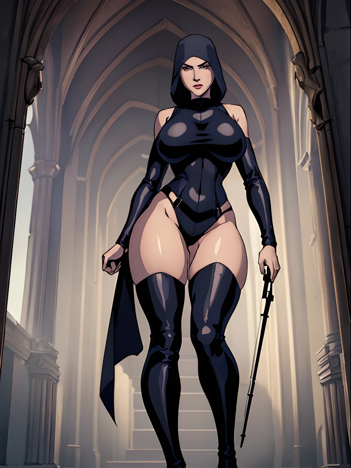 (masterpiece, top quality, best quality, official art, beautiful and aesthetic:1.2), (1girl:1.3), light freckles, fair skin, extremely detailed, portrait, looking at viewer, solo, (full body:0.6), detailed background, close up, (dark gothic theme:1.1), nun with guns, charlatan, smirk, mysterious, swaggering through cathedral, modest attire, black habit, cowl, nun hood, wimple, thigh-high boots, bodysuit, leotard, corset, leather straps, ammunition pouches, long boots, submachineguns, SMGs, MP5s, thigh pouches, holsters, garters, ((((narrow hips, slim sexy body, gigantic breasts)))), slim waist, slim hips, long legs, modern (cathedral exterior:1.1) background, dark mysterious lighting, shadows, magical atmosphere, dutch angle,