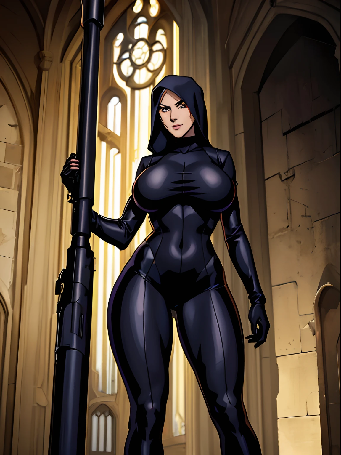 (masterpiece, top quality, best quality, official art, beautiful and aesthetic:1.2), (1girl:1.3), light freckles, fair skin, extremely detailed, portrait, looking at viewer, solo, (full body:0.6), detailed background, close up, (dark gothic theme:1.1), nun with guns, charlatan, smirk, mysterious, swaggering through cathedral, modest attire, black habit, cowl, nun hood, wimple, thigh-high boots, bodysuit, leotard, corset, leather straps, ammunition pouches, long boots, submachineguns, SMGs, MP5s, thigh pouches, holsters, garters, ((((narrow hips, slim sexy body, gigantic breasts)))), slim waist, slim hips, long legs, modern (cathedral exterior:1.1) background, dark mysterious lighting, shadows, magical atmosphere, dutch angle,