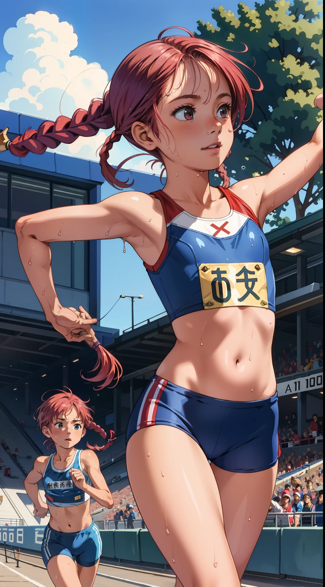 masterpiece, best quality, ultra-detailed, illustration, an extremely delicate and beautiful,high resolution, ultra-detailed,,perfect face,slender perfect body, Tight belly,Toned buttocks,Constricted waist,,(((2 girls to 100m run start))), 17yo,((pink:-1.5) ,(red:-1.5) ,(blue:-1.5) hair), (braided short hair), (braided long hair), shy daughter, short stature, small tits,(flom track and field), (fashionable track and field athlete),(bike shorts), small tits, (wet:1.2), track and field,((very wide shot ))