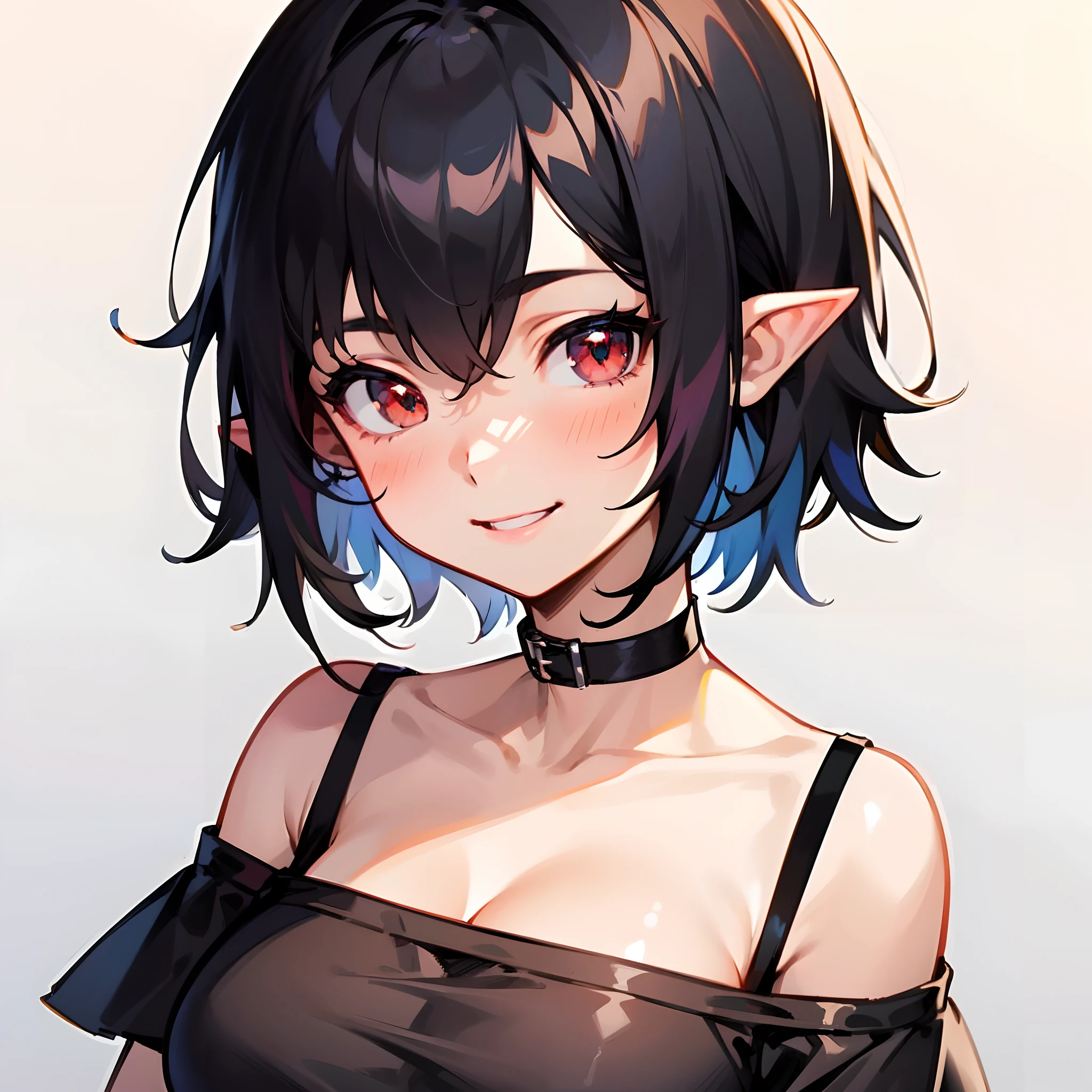 1girl, short black messy hair, red eyes, pointy ears, medium breast, black off-shoulder shirt, black choker, cheerfull smile, solo, best quality, masterpiece, portrait, simple background, looking at the camera, from the front, 1result, vibrant, detailed, perfect anatomy, detailed art, high definition, 4k, high resolution