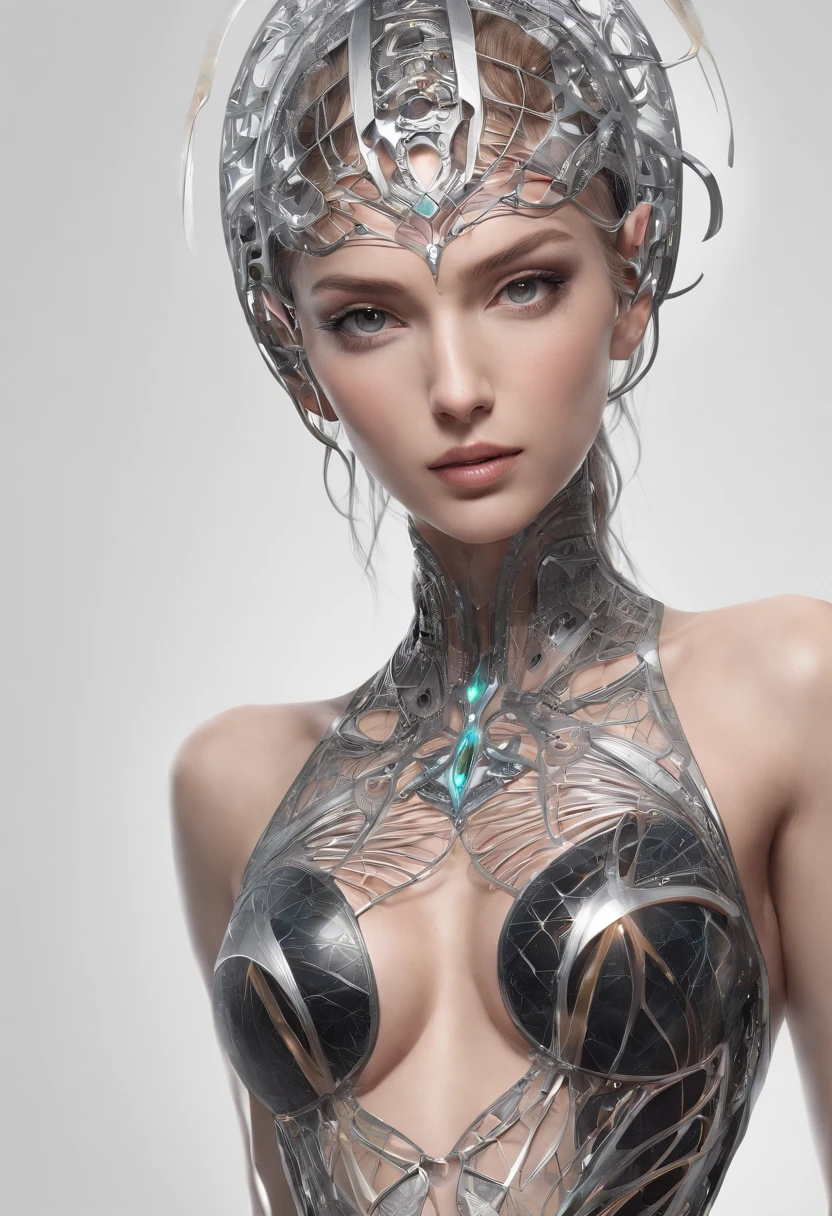 Fractal theme, mockup, female cyborg, , gigantic cleavage breasts, Artistic stereoscopic measurement, Math, Artistic fantasy, Art Flower of Life sacred geometry, Sparks and surges, Sticker, Vector t-shirt art design, Prepare for printing, white bg, vibrant, Thin outline lines of absolute black, Detailed, Sticker