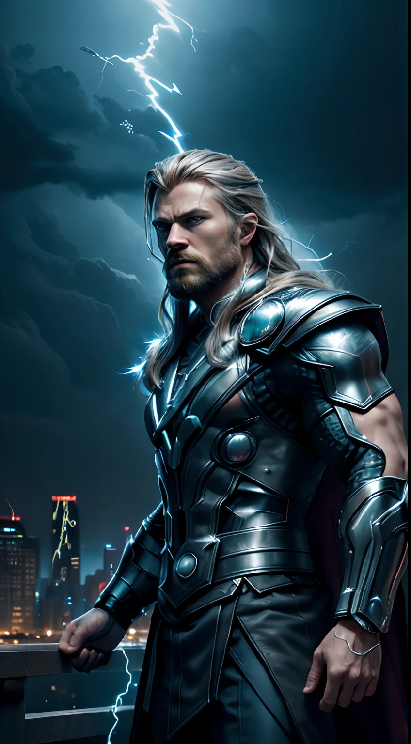 masterpiece, ultra detailed close up of the thor in the city at night, thor \(marvel\), serious expression, perfect face, modern city, city lights,blue eyes, dangerous, badass, strong, expressive eyes, cyberpunk style, technological, dark, epic, traced lights, (lightning:1.4),reflections, superficie scattering, 8k, badass, cinematic, lights on the chest, beard, UHD, finalelly detailed, high res, realistic, (perfect lighting, dramatic lighting), extreme shading, volumetric, (professional image), perfect anatmoy, perfect eyes, man, the image transmit a powerful feeling, the man posture displays confidence,energy, energetic image, nordic, viking, red cape, wrist armor,