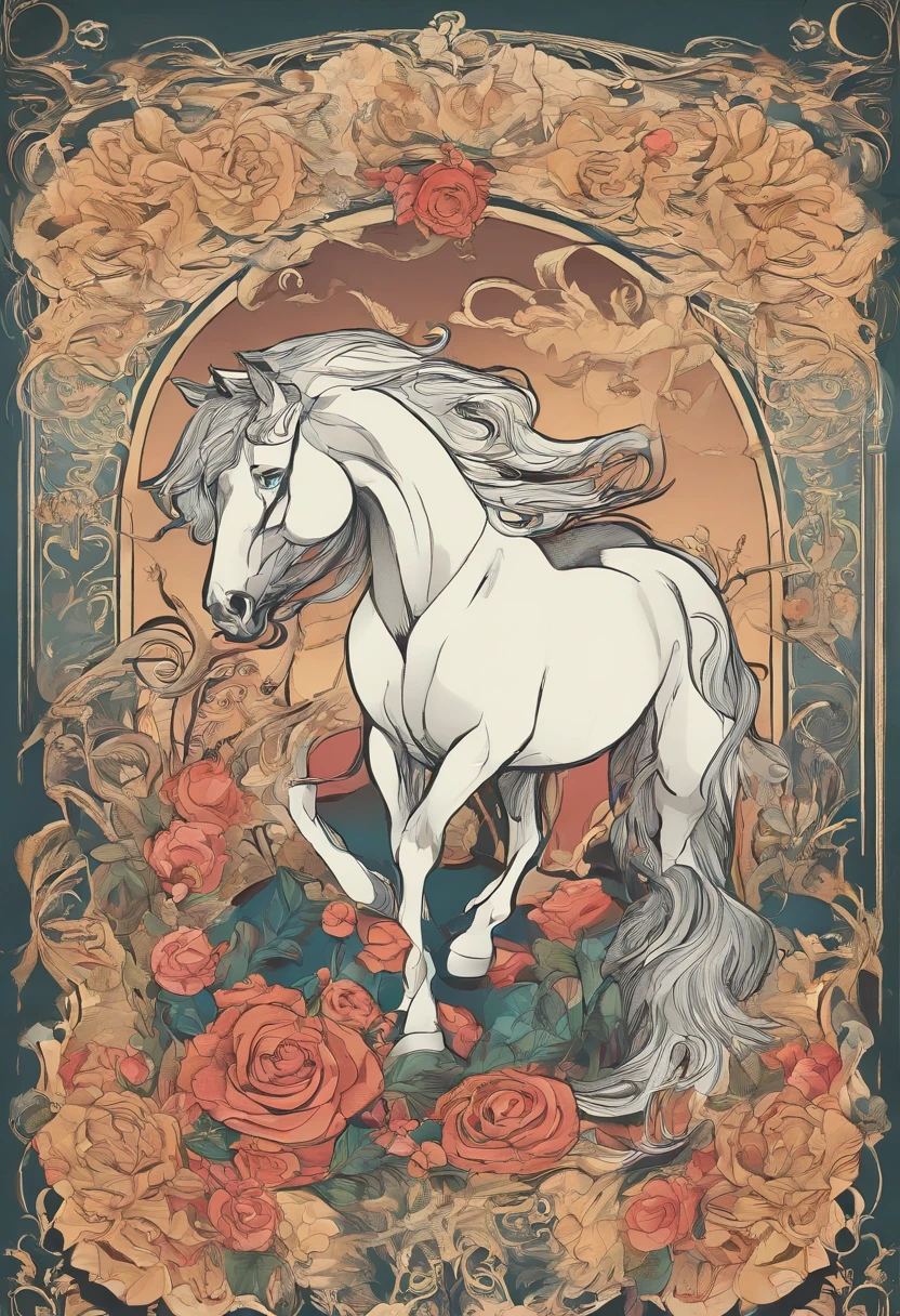 "Describe in detail an enchanting scene where a majestic horse, with its mane adorned by a profusion of roses and colorful flowers, surrounds the animal, ancient and rustic tree trunks, while intertwined roots emerge from the ground, creating a magical and mysterious aura. Describe the colors of the flowers, the horse's expression, and the overall atmosphere of this unique and captivating scene."