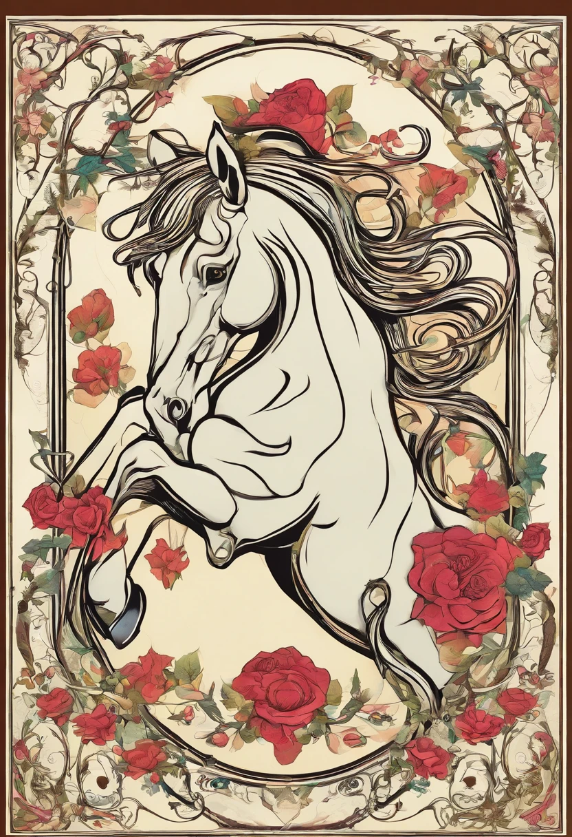 "Describe in detail an enchanting scene where a majestic horse, with its mane adorned by a profusion of roses and colorful flowers, surrounds the animal, ancient and rustic tree trunks, while intertwined roots emerge from the ground, creating a magical and mysterious aura. Describe the colors of the flowers, the horse's expression, and the overall atmosphere of this unique and captivating scene."