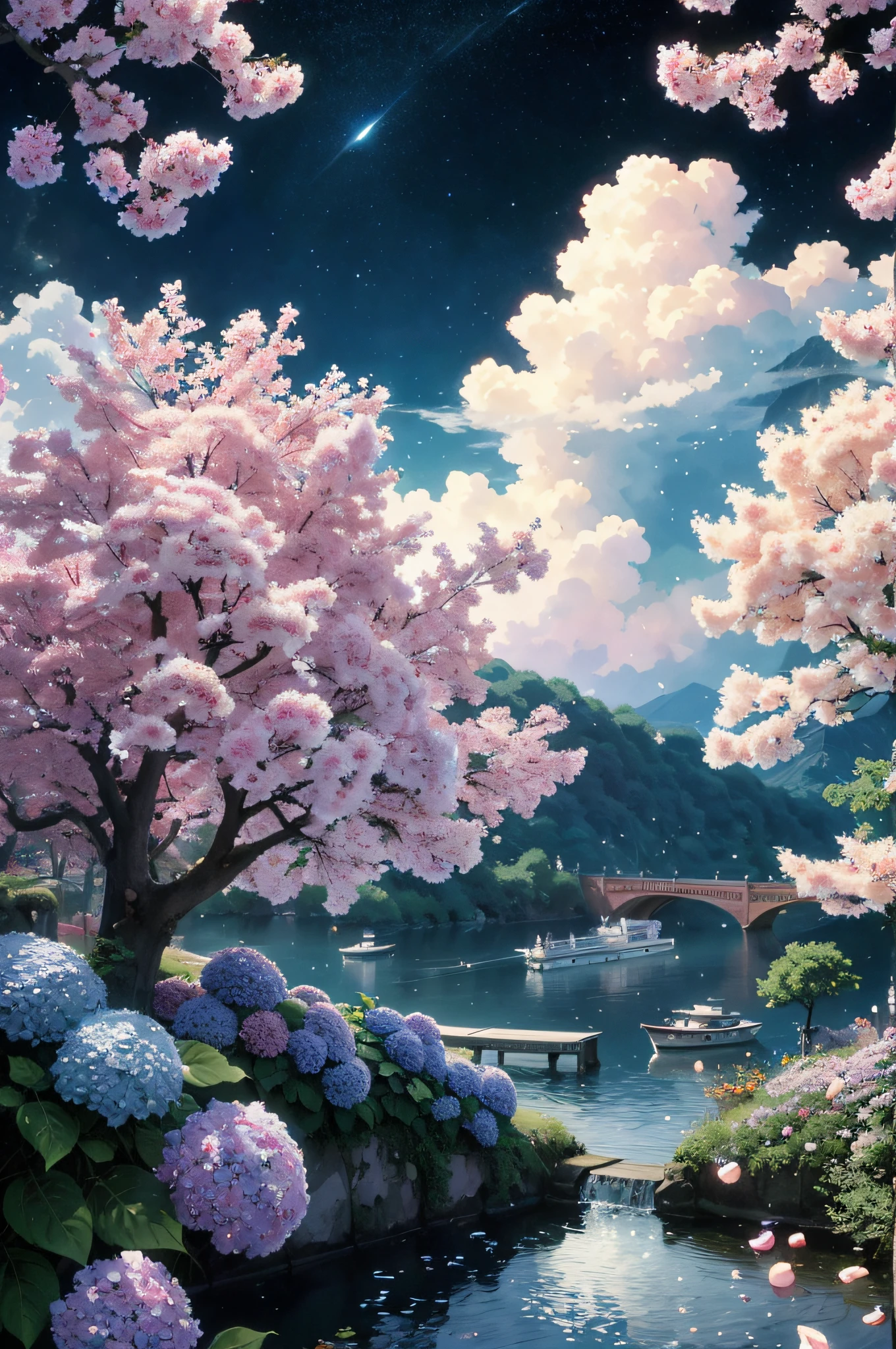painting of a beautiful landscape with a river and a bridge, beautiful art uhd 4 k, anime beautiful peace scene, anime nature, anime art wallpaper 4k, cotton candy, fluffy, beautiful puffy drillhair woman, hydrangea, mock orange, fragrance, orange scent, cherry blossom, swirling cotton candy clouds, anime art wallpaper 4 k, scenery artwork, anime art wallpaper 8 k, anime landscape wallpaper, beautiful anime scenery, anime nature wallpap, beautiful anime scene, anime wallpaper 4k, anime style 4 k