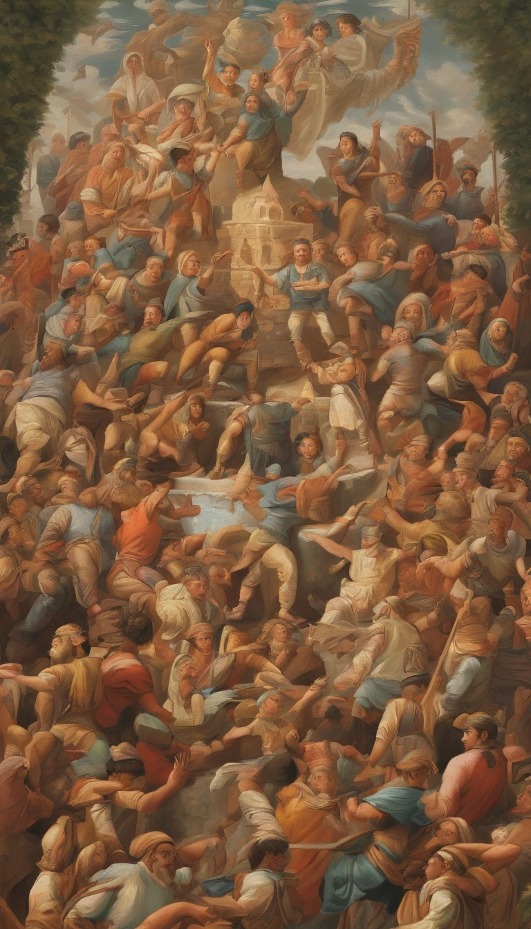 Thousands of students climbed the mountain, Treading on each other,Scramble,It was crowded,A lot of people,Exaggeration,The mountains were packed with students, One of the students stepped on the crowd to lift the gold trophy, The scene is not big, Clear and clear, 4K, Oil painting texture, No details required, Artistic sense, Sense of painting, Classical oil painting, Mixed with irony,