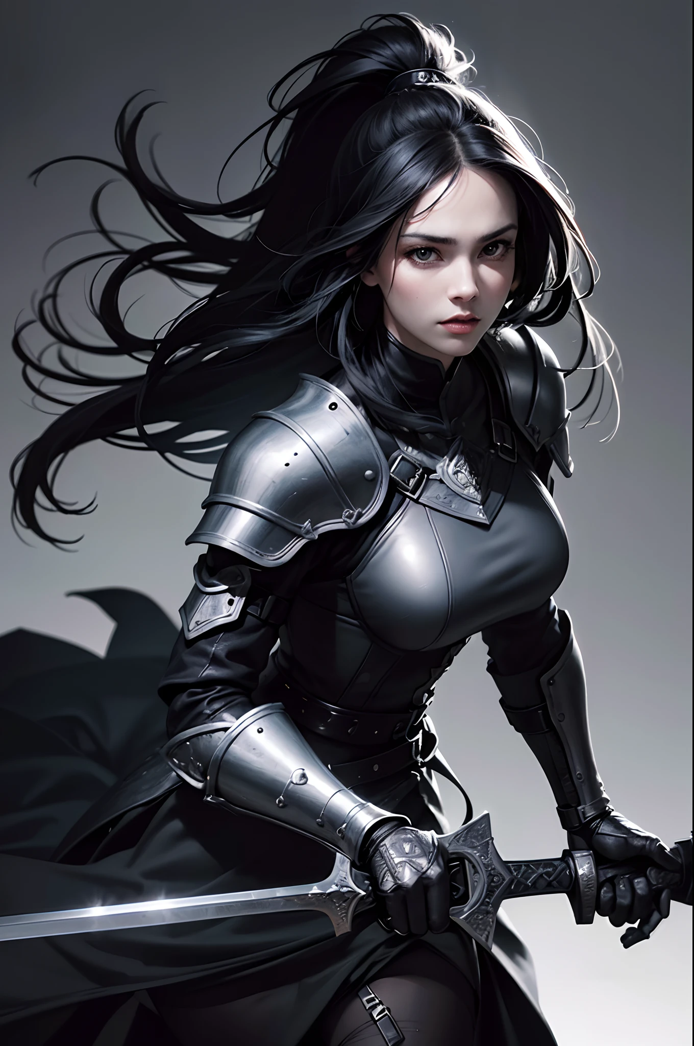 (best quality,4k,8k,highres,masterpiece:1.2),ultra-detailed,(realistic,photorealistic,photo-realistic:1.37),portrait,black and white,dark,medieval,fantasy,women,female warrior,serious expression,long black hair,piercing detailed black eyes,big breasts,dark armor,swordswoman with a large black sword,shadowy,mysterious,holding a large black sword,black shield,sharp focus,dramatic lighting