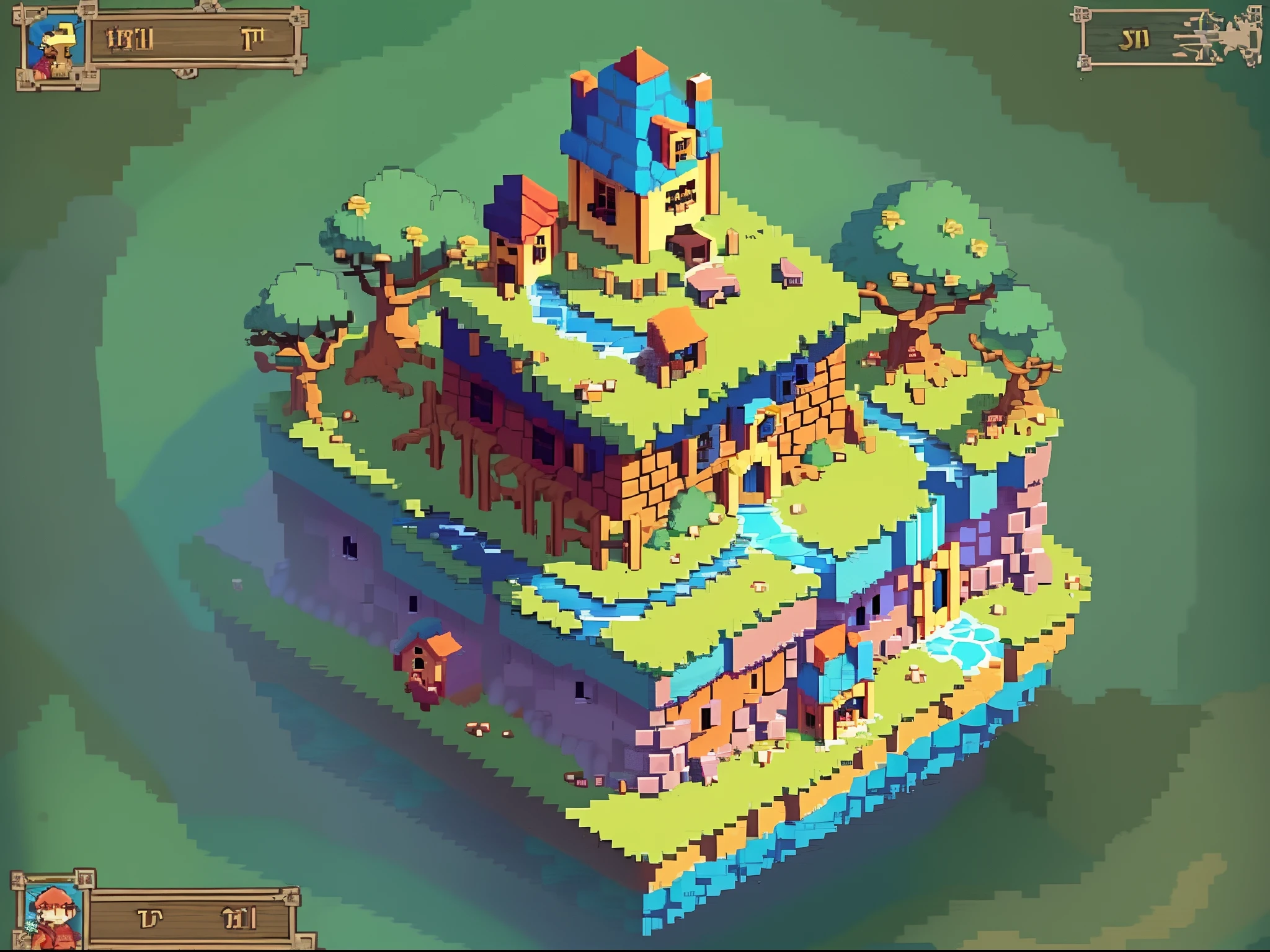 Cartoon style illustration of a small village on a small island, isometric island in the sky, ((rpgmaker)), Role-play horror, Screenshot of JRpg, Macheng River, House of the Witch, dark horror, Tile map, isometric 2 d game art, isometric game art, iso-distance view. Game RPG, fantasy game art style, isometric pixel art, Stylized game art, isometric pixelart, an isometric fantasy map