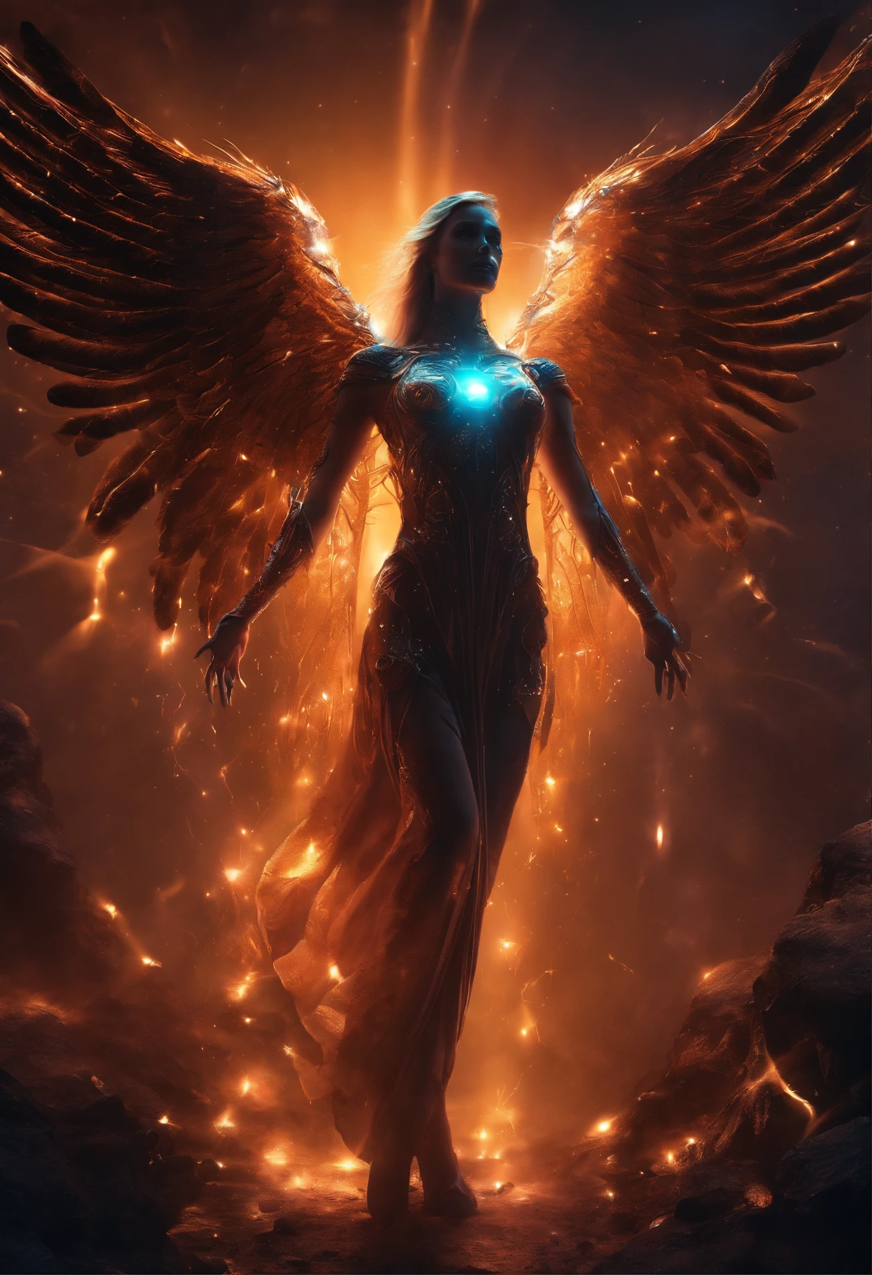 Cosmic Fallen Angel, glowing light eyes, Biomechanical, eerie, Creepy, nightmarish, Very bright colors, Light particles, with light glowing, Mshiff, wallpaper art, UHD wallpaper, cinematic styles, cinematic lights