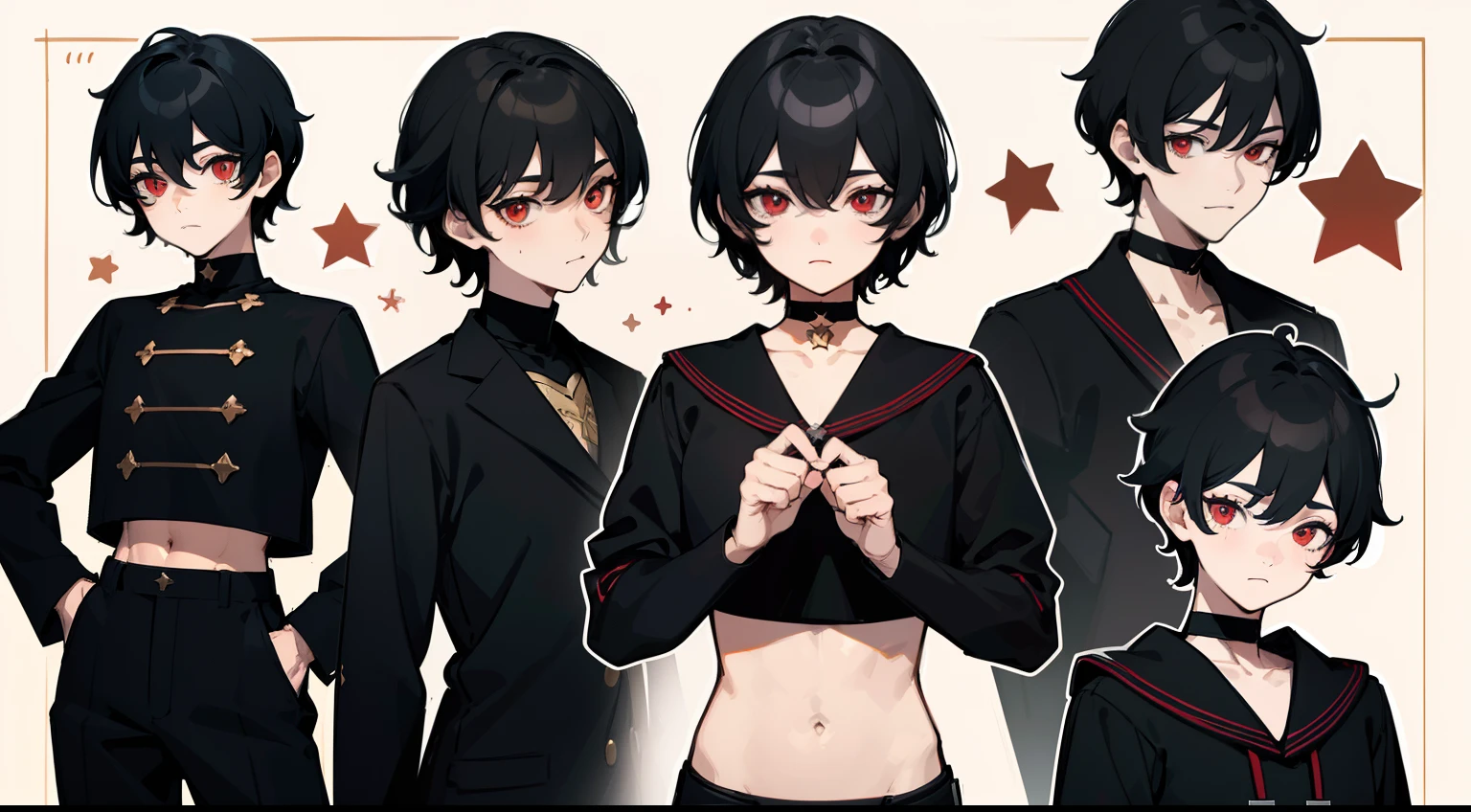 ((Masterpiece, Highest quality)), Detailed face, character sheets, full bodyesbian, Full of details, Multiple poses and expressions, Highly detailed, Depth, Many parts, 1boys,for 6 :3, Black color hair, Black crop top, mitts, Stockings, Black choker, Red eyes, Star (symbol), pupils in symbol shapes