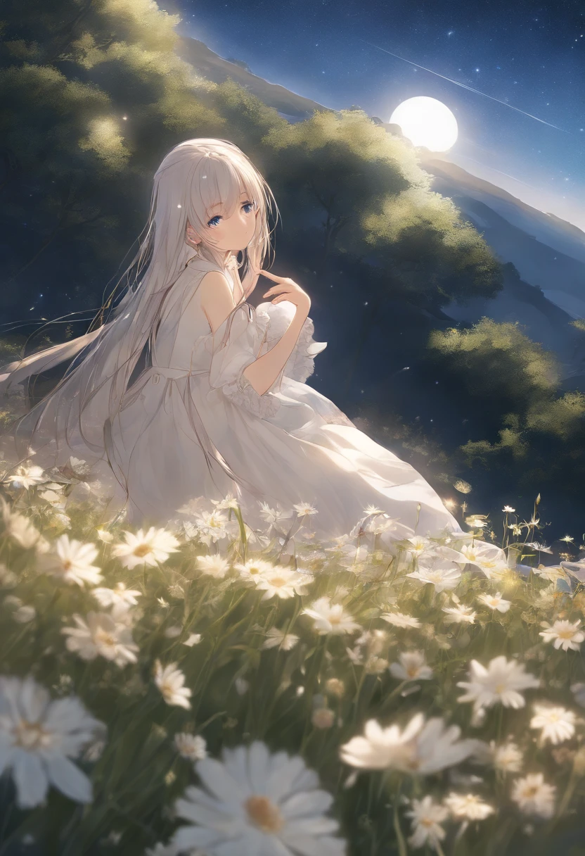 absurderes、hight resolution、(Official art、Beautifully Aesthetic:1.2)shining sky, Vast world, Distant horizon, 云, High hills, natural beauty, nigh sky, starrysky, milkyway, Shining stars, look up to, Smooth straight beige hair,(Deep Blue Eyes:1.2),(Looking Up:1.1),(A wistful look),(shed tears:1.2)