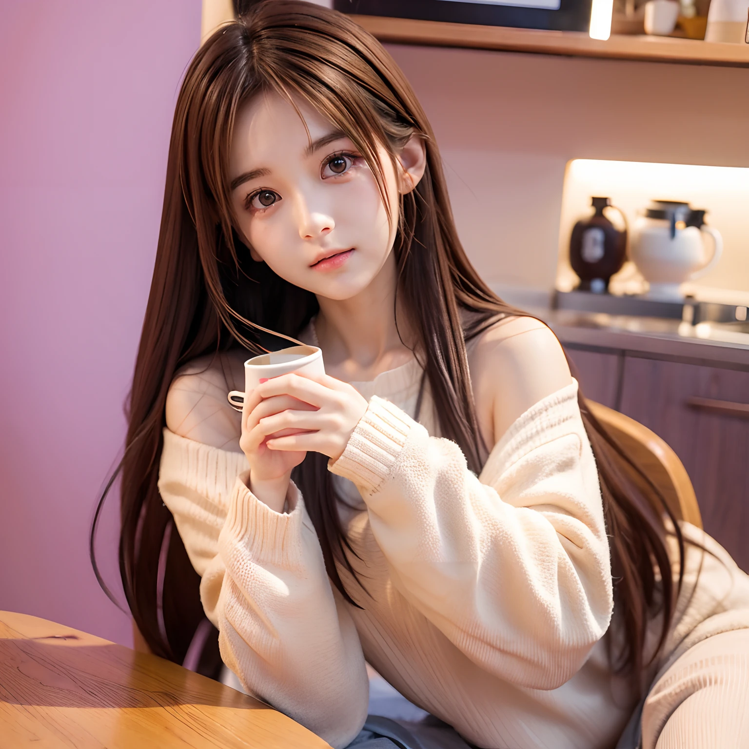 there is a woman that is holding a cup of coffee, Anime girl in real life, Realistic young anime girl, portrait of cute anime girl, Cute natural anime face, Kawaii realistic portrait, Realistic anime 3 D style, cute kawaii girls, attractive anime girls, Photorealistic anime, mysterious coffee shop girl, up of young anime girl, Cute anime girl, Anime girl with long hair