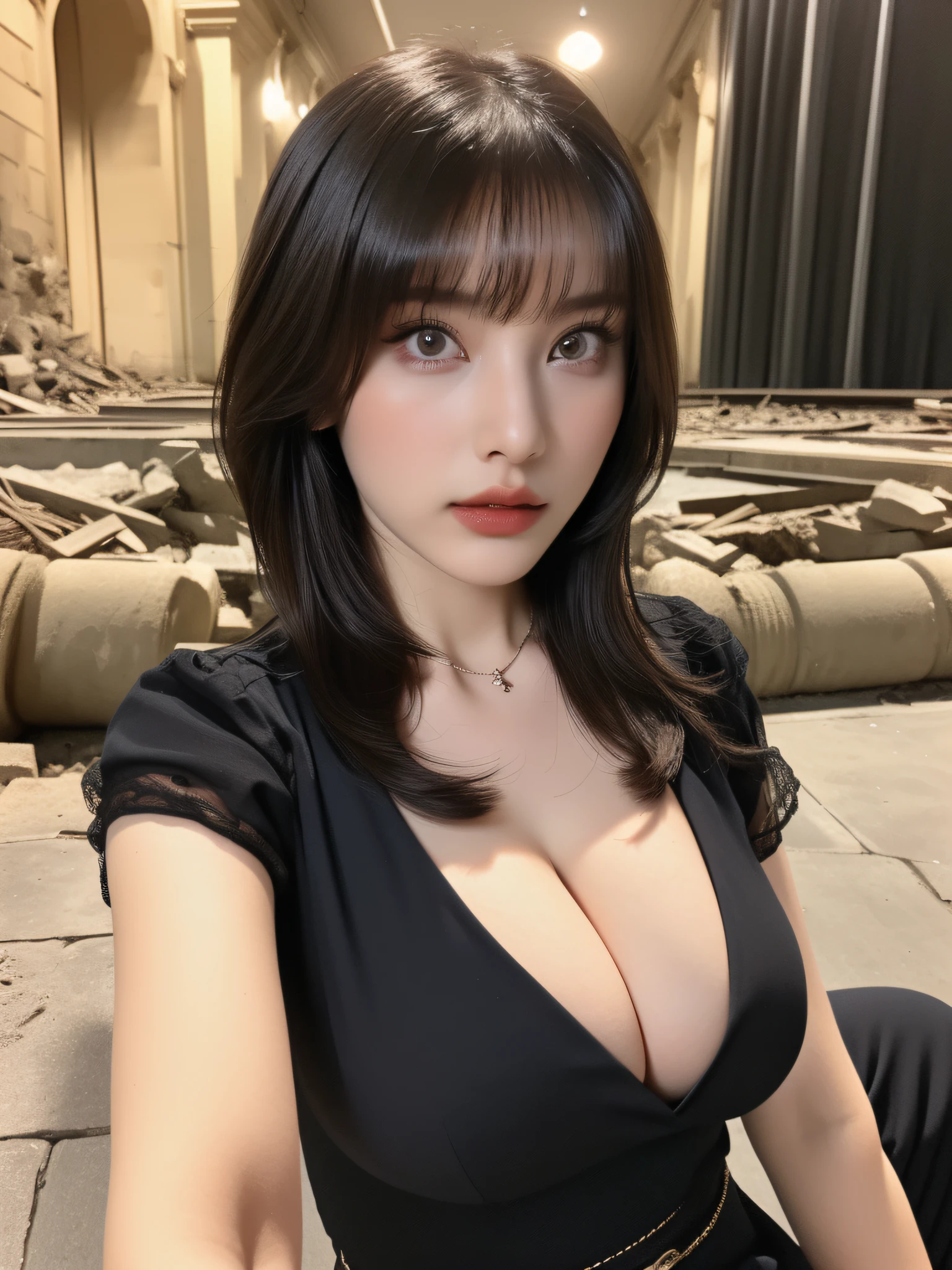 1girl, solo, blunt_bangs, long_hair, bangs, (looking at viewer:1.3),(detail face:1.2),realistic,
blurry, depth_of_field, 1girl, breasts, motion_blur, lips, (ruins:1.5),black cat,night,clock tower,(cleavage:1.5),sitting,(upper body:1.3),
(large breasts:1.2),