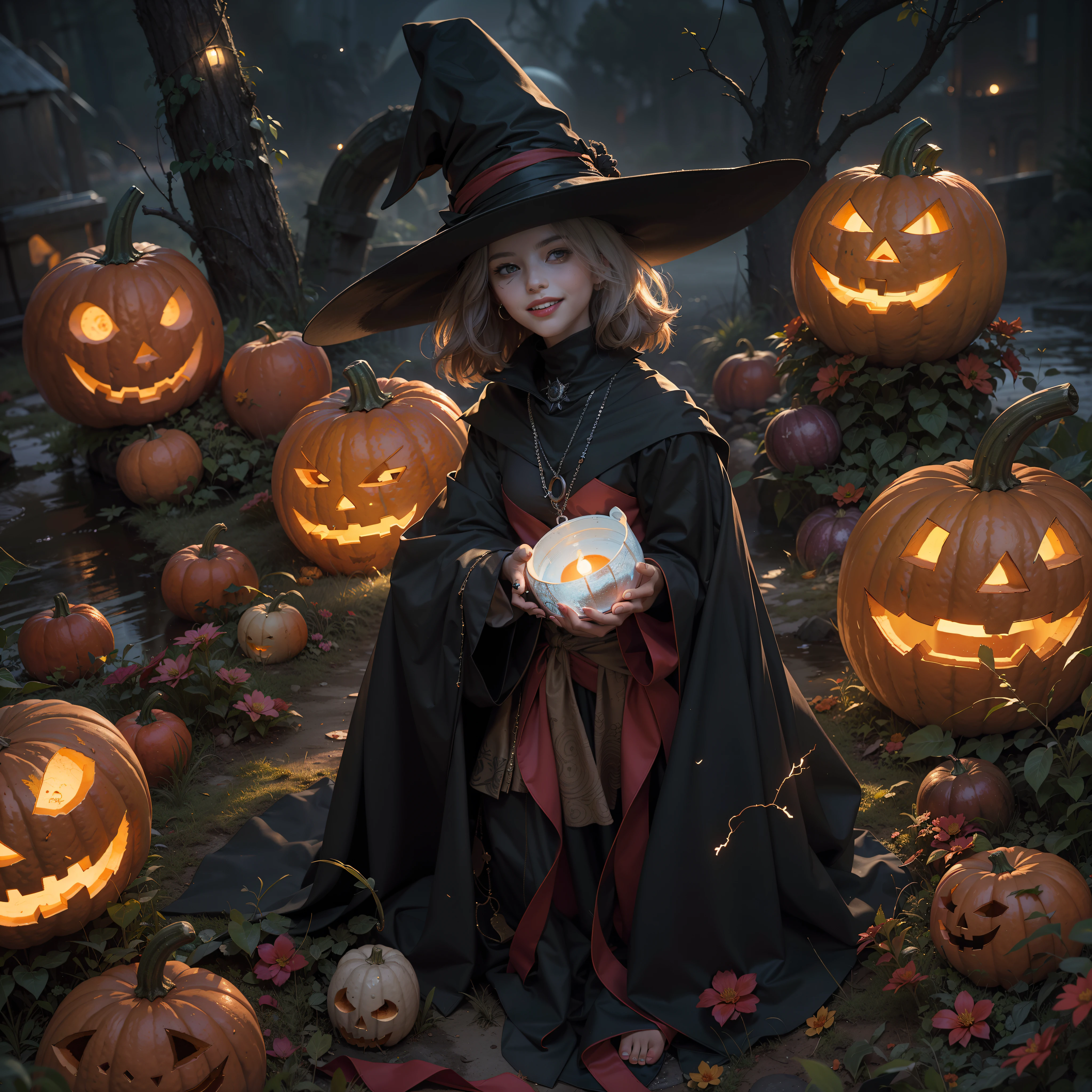 (Numerous award-winning masterpieces, with incredible detail, textures and maximum detail), (hyper realistic:1.4), (realistic:1.3), (draw the whole body:1.7), (The face is a jack-o-lantern: 1.9), (The head is made of a pumpkin: 1.8), (upper body up:0.3), (Top quality realistic textured pumpkin), (Eyes carved into a pumpkin that glow red and scary), (Horrible jack-o-lantern face: 1.4), (Aesthetic and decadent image:1.7), ((medieval world)), (Pumpkin King with jack-o-lantern face: 1.9), (Pumpkin King wearing a jack-o-lantern: 1.9), (scary look), (nasty smile on her face but her eyes aren't smiling:1.3), (He is holding an old lantern in one hand: 1.5), (There are many very small jack-o-lanterns around, emitting a faint light: 0.8), (There are many mysteriously shining Will-O-The-Wisps around: 1.8), (Wears a dark black robe with intricate patterns:1.4), (Eyes that glow red in the dark), (The stars are shining in the sky and the full moon is out:1.4), (Dramatic Light), pumpkin field, (A majestic sight), (Magic Circle of Ominous Shine:1.6), A frightening face that intimidates those around you, (Behind the shoulders is a ragged black cloak with modest but rich embroidery:1.3), (whole body image:1.7), sharp long claws, (((dramatic photo))), (twilight), (sunset), (dark night), ((dramatic pose)), (flamboyant photo), ((looks up)), ((looking down)), (draw the whole body:1.7), (Around her neck is a simple necklace of exquisite workmanship), Forgotten Tomb Overgrown with Vegetation, Great Tomb, Underground Labyrinth, Evil Temple Ruins, Sacrificial Temple, Mysteriously, Ancient Castle Ruins, Deserted Graveyard Ruins, Crumbled Ancient Tomb, Stagnant Water Ancient Ruins, Swamp Ruins, Shining majestic cloud masses and sky, lightning bolt, epic realistic, faded, art, (Greg Rutkowski:0.8), (teal and orange:0.4), (art station:1.5), cinematic, ((neutral colors)), (hdr:1.5), (muted colors:1.2), hyper detailed, dramatic light, (intricate details:1.1), complex background,