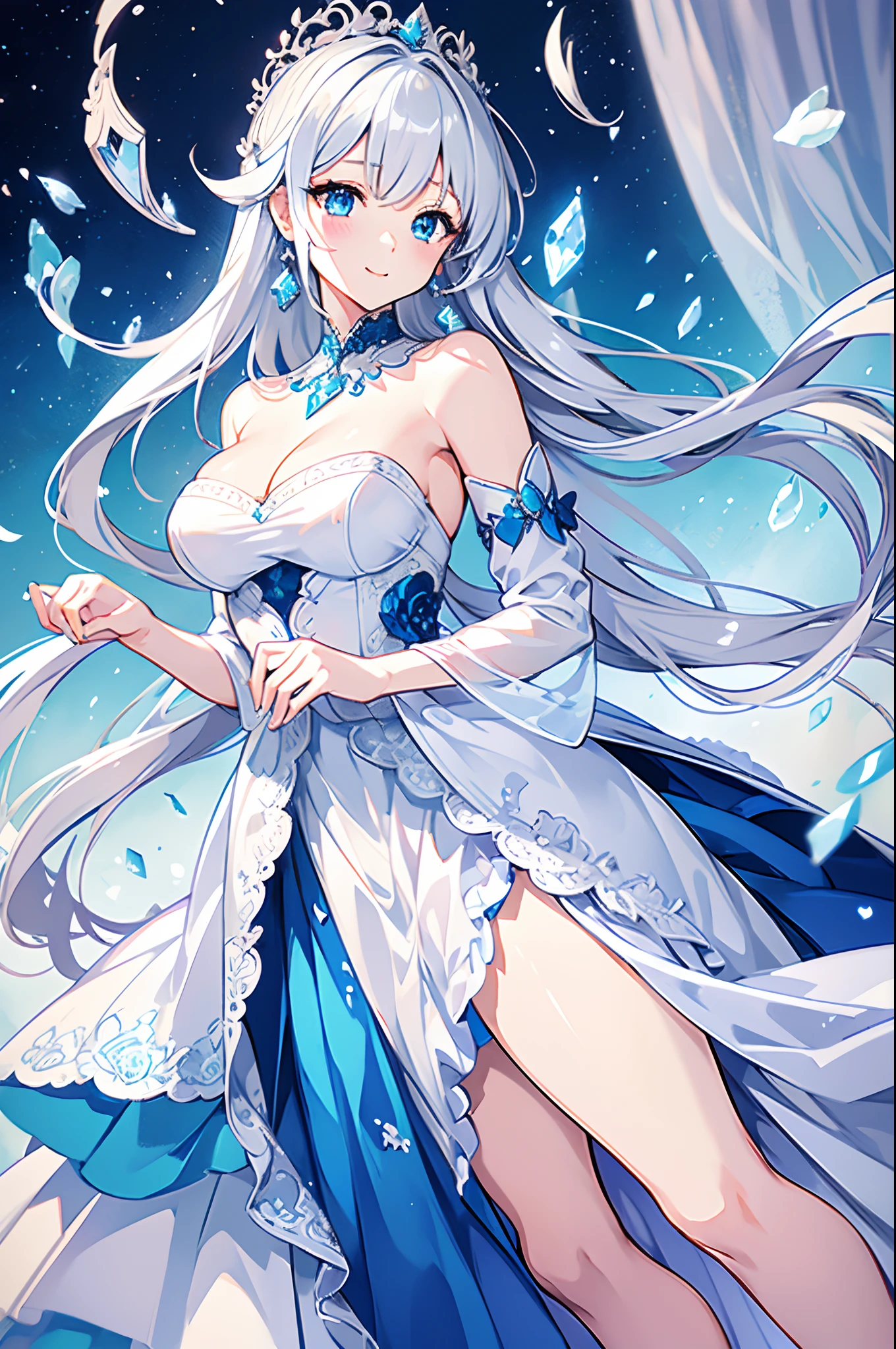 animesque、top-quality、hight resolution、Standing picture、a beauty girl、femal、Princess、Glossy detailed gray hair long、White and blue dress with detailed design、Detailed blue eyes、Princess Knight、Elegant、Gorgeous、elegent、A sexy、goodlooking、Gentle smile