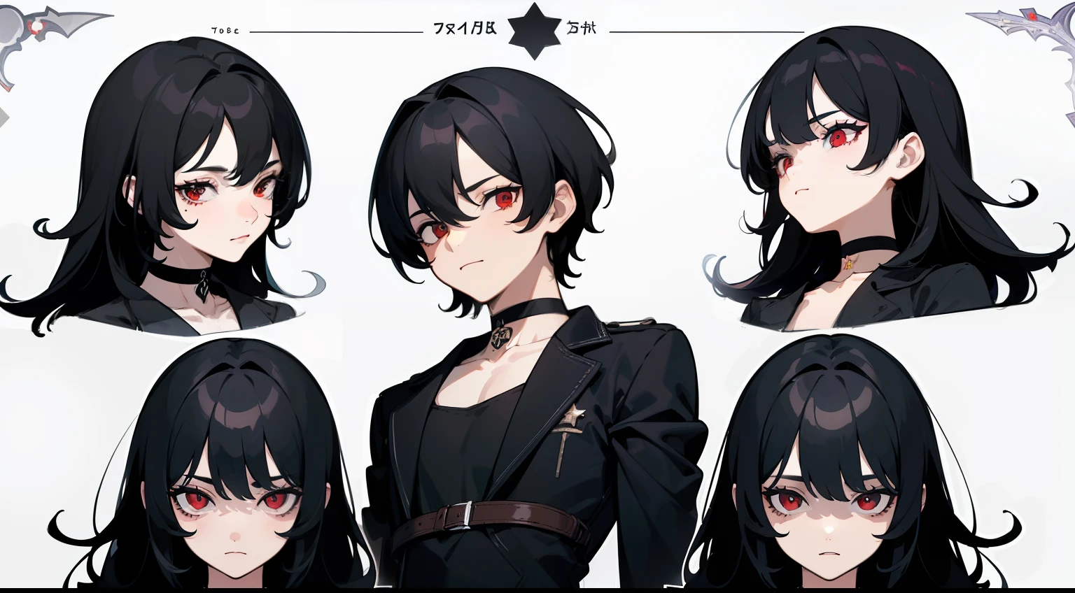 ((Masterpiece, Highest quality)), Detailed face, character sheets, full bodyesbian, Full of details, Multiple poses and expressions, Highly detailed, Depth, Many parts, 1boys,for 6 years old :3, Black color hair, Black crop top, mitts, Stockings, Black choker, Red eyes, Star (symbol), pupils in symbol shapes