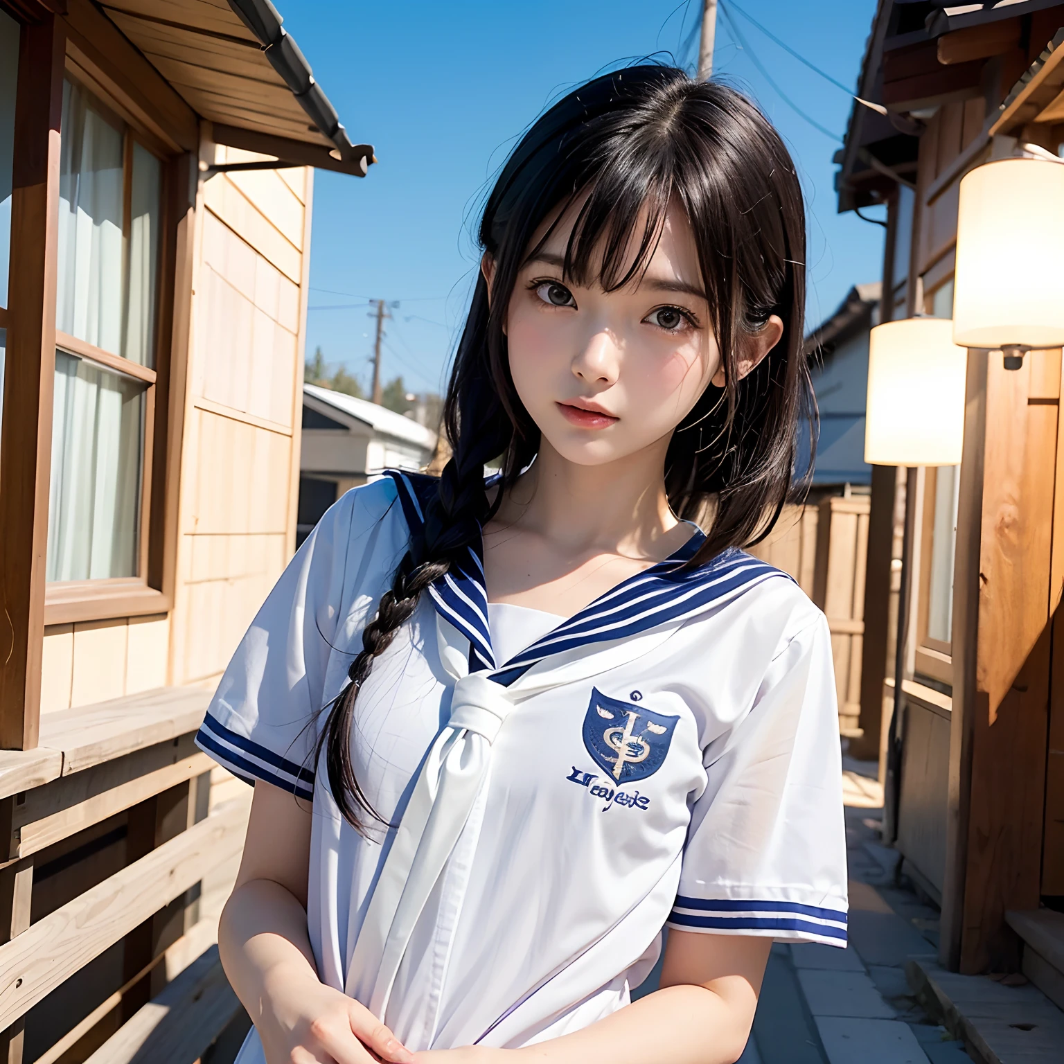 (masutepiece, Best Quality:1.2), 8K, Official art, Raw photo,Angle from directly below、Beautiful skin、fullnude、embarrassed from、Taken from directly below、hiding chest with hands、 above、Skirt underneath、Cute little girl s、、skinny、14years、unbelievable Ridiculous, (Upper body, a sailor suit、校服:1.4), Beautiful Girl, Pretty Face, arching back down,、Black Hair Bob、Short sleeve, violaceaess, Teen, Looking at Viewer, Film grain, chromatic abberation, Sharp Focus, face lights, Dynamic lighting, Cinematic lighting, Eyes and faces with detailed, Bokeh background,